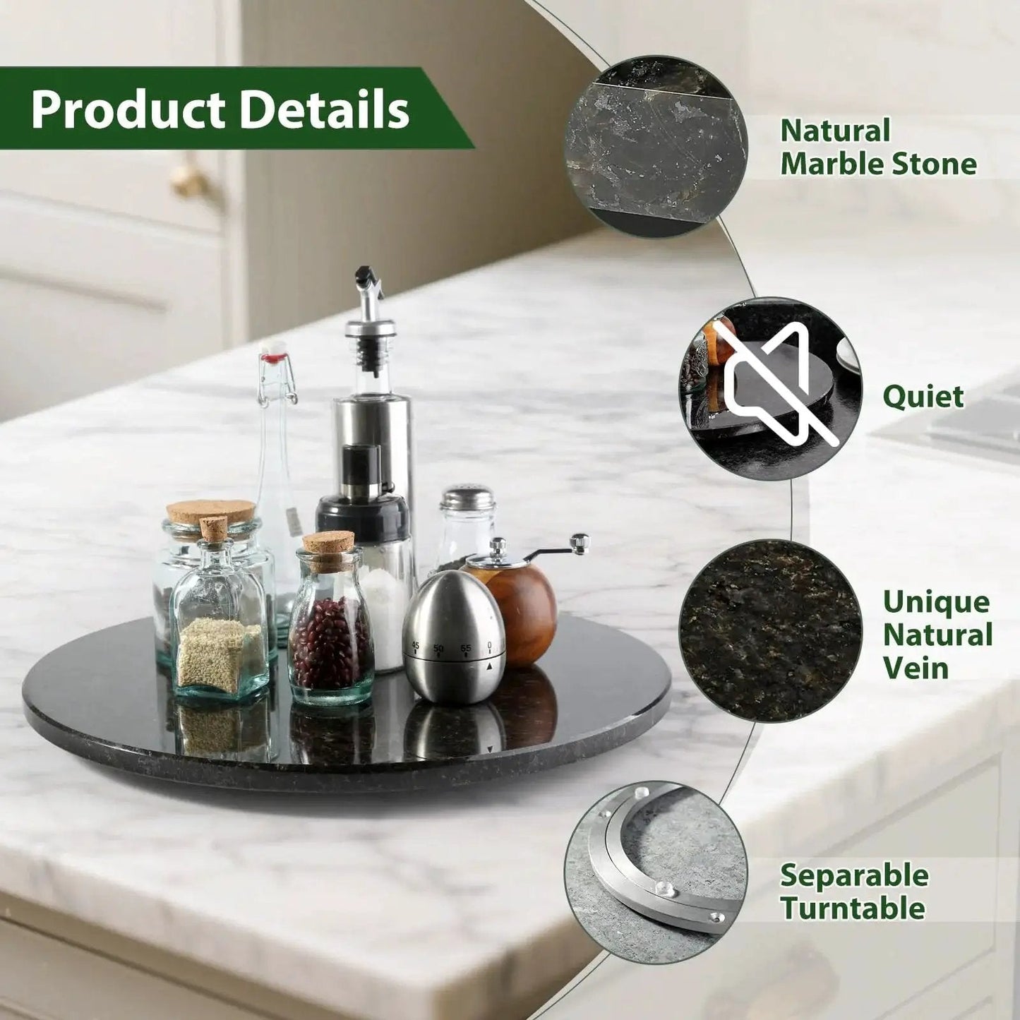 Marble 16 Inch Lazy Susan Turntable Organizer for cabinets and counters, black marble with anti-slip feet and aluminum bearing for smooth rotation