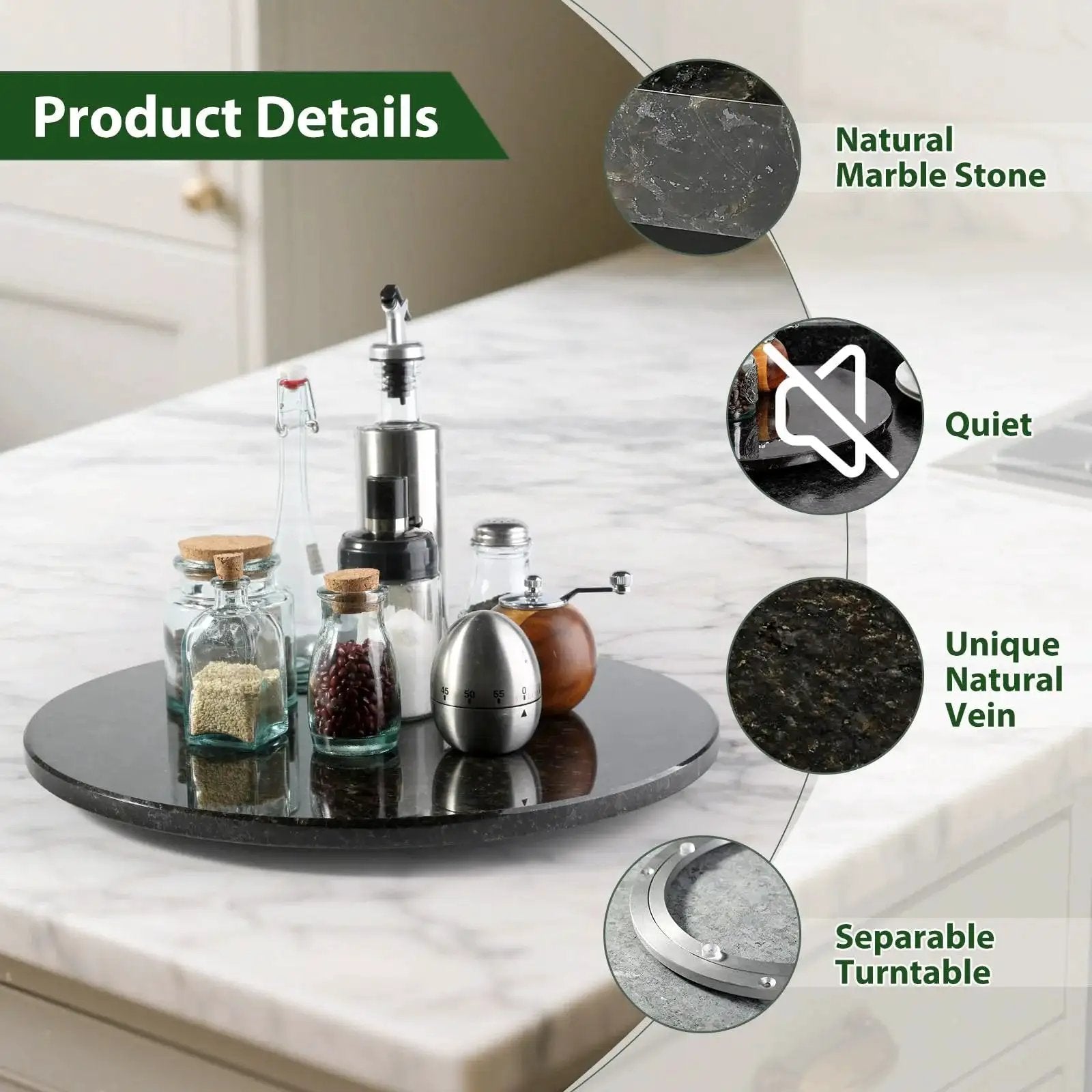 Marble 16 Inch Lazy Susan Turntable Organizer for cabinets and counters, black marble with anti-slip feet and aluminum bearing for smooth rotation