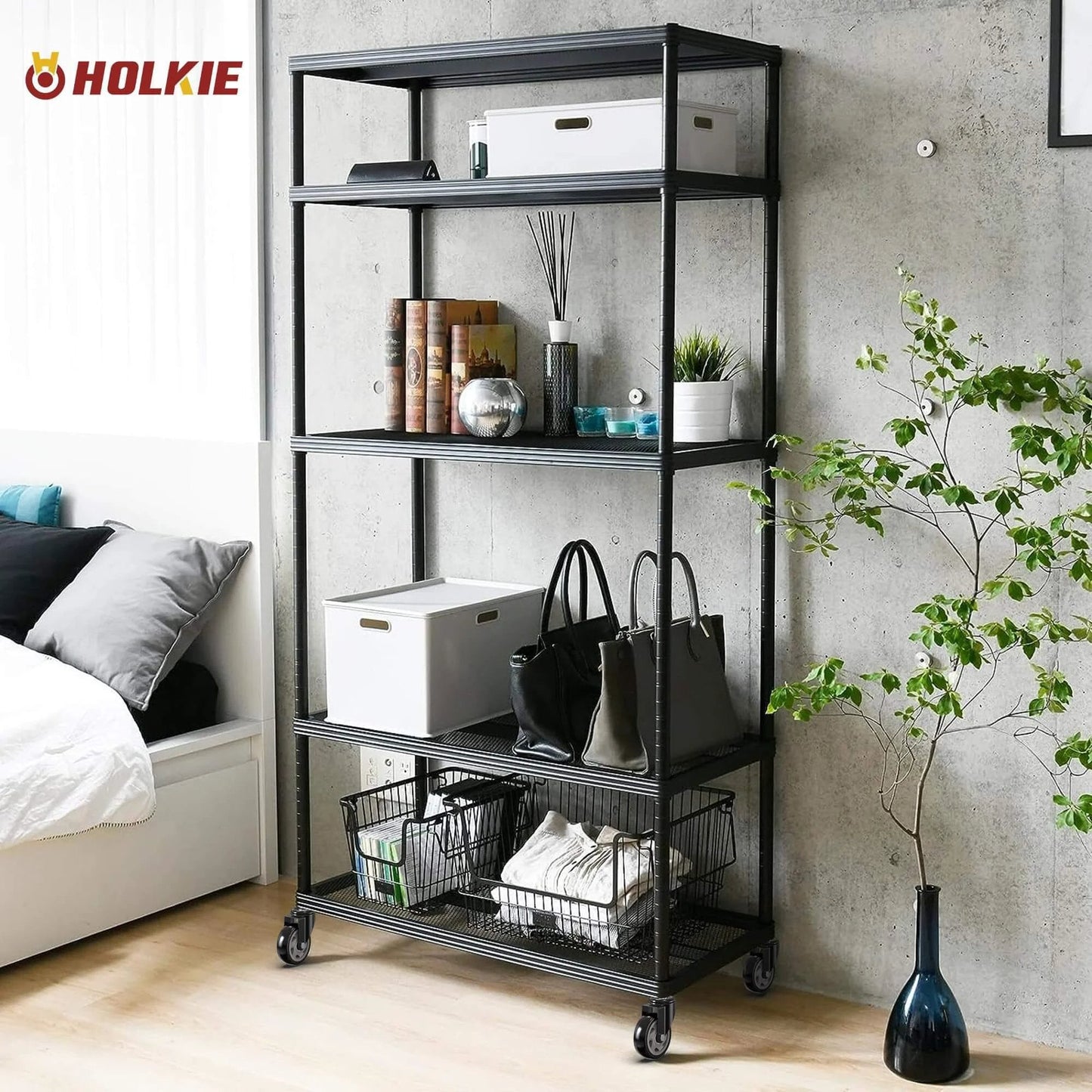 4 Inch Caster Wheels No Brake Stem Casters Set of 4 Heavy Duty Swivel Castors on black shelving unit in modern bedroom.