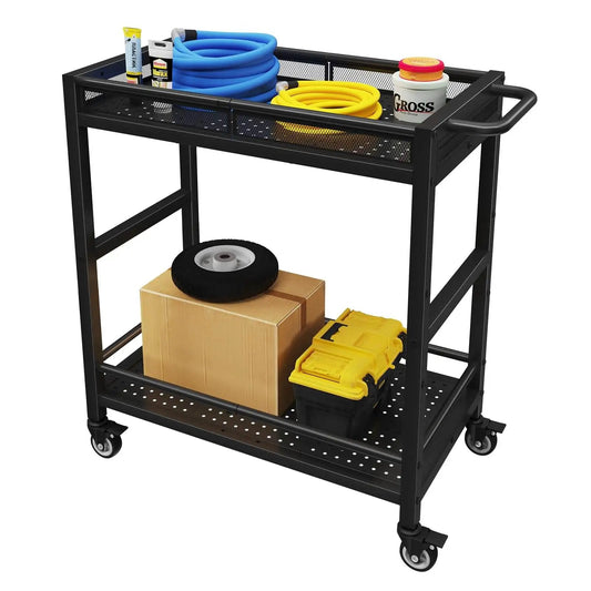 Heavy Duty Service Cart On Wheels With 2-Tier Metal Rolling Utility Cart Fences loaded with tools and supplies, 360° swivel casters