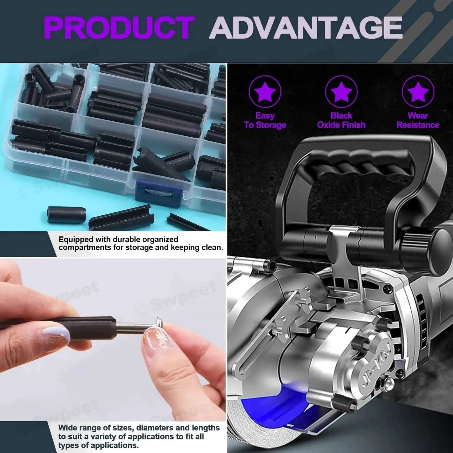 230 Piece Black Metric Roll Pin Set With Storage Case Includes 11 Sizes M2 M3 M4 M5 M6 M8 M10 Slotted Spring Pins Steel Dowel Pins For Home Improvement And Automotive Repair Great For DIY Projects And Quick Fixes in close-up showing organized storage case and usage example
