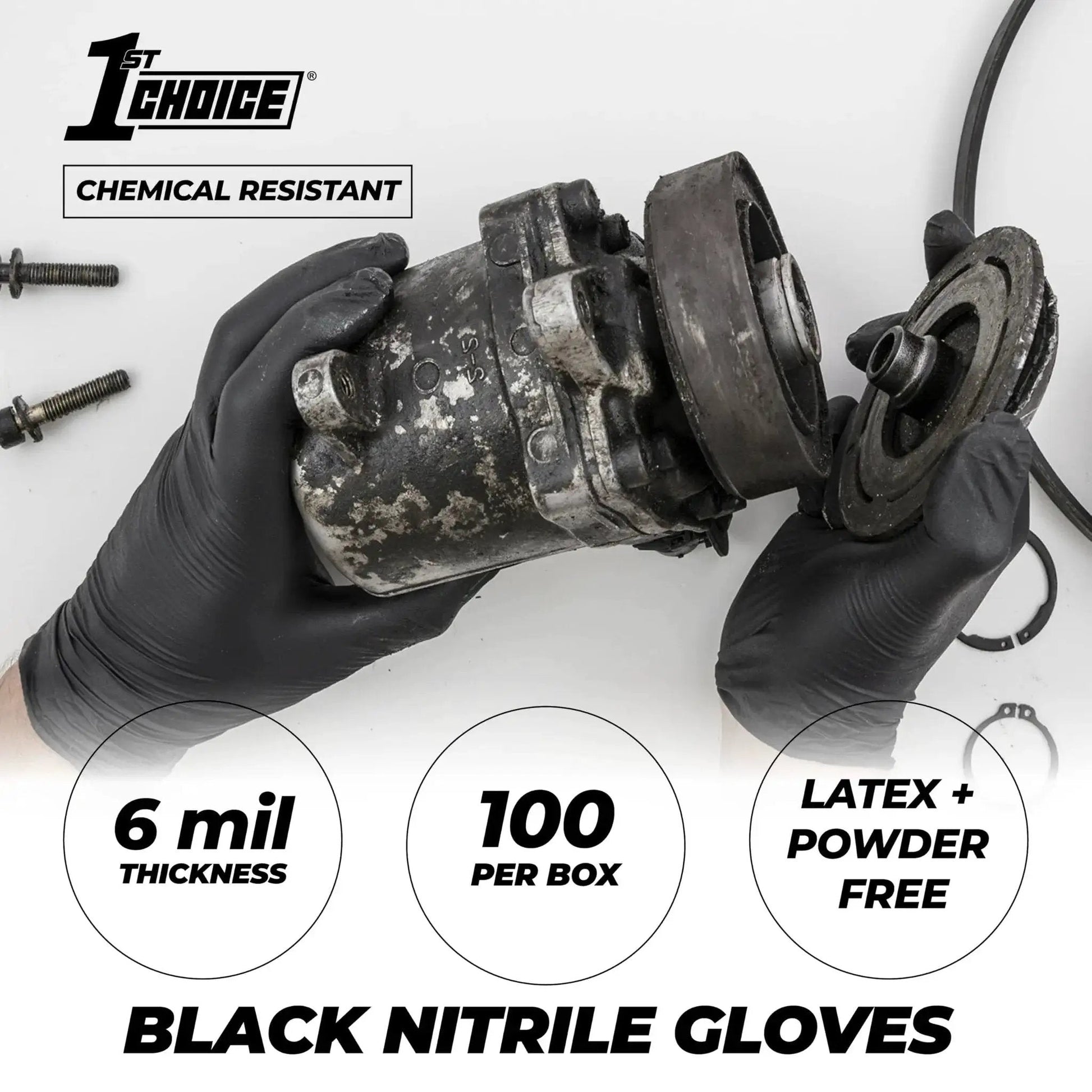 Hands wearing Black Nitrile Gloves 6 Mil Latex Free Powder Free Mechanics Automotive XL working with automotive parts.
