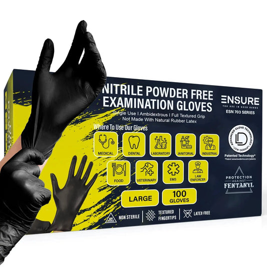 Hands wearing Black Nitrile Gloves 7 Mil Duty Powder Free Latex Free Puncture Resistant Large in front of the glove box.