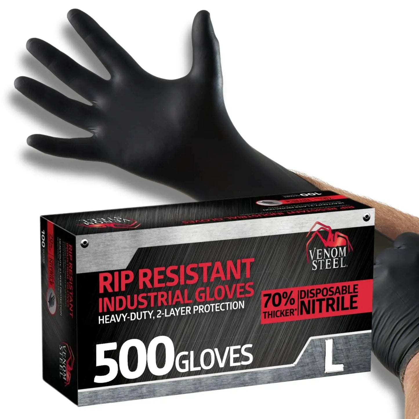 Chemical Resistant Black Nitrile Gloves Two Layer Protection 6 Mil Powder Free, packaging and hand wearing gloves
