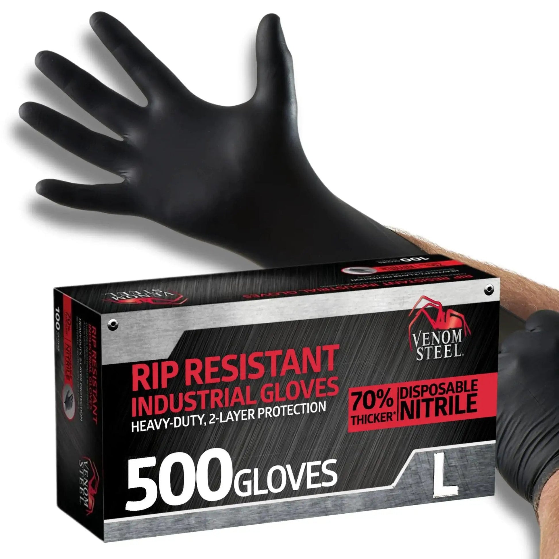Chemical Resistant Black Nitrile Gloves Two Layer Protection 6 Mil Powder Free, packaging and hand wearing gloves
