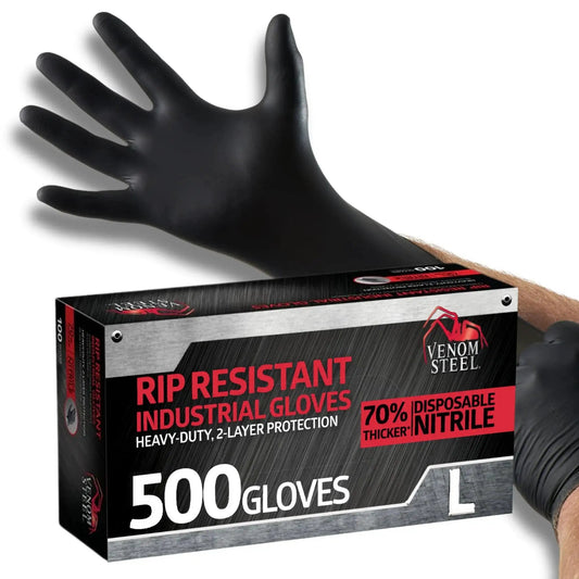 Chemical Resistant Black Nitrile Gloves Two Layer Protection 6 Mil Powder Free, packaging and hand wearing gloves