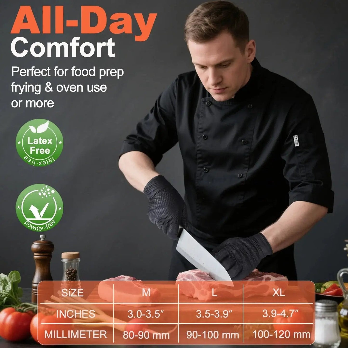 Chef wearing Heavy Duty Nitrile Gloves 10 Mil Black With Diamond Grip Chemical Resistant slicing meat