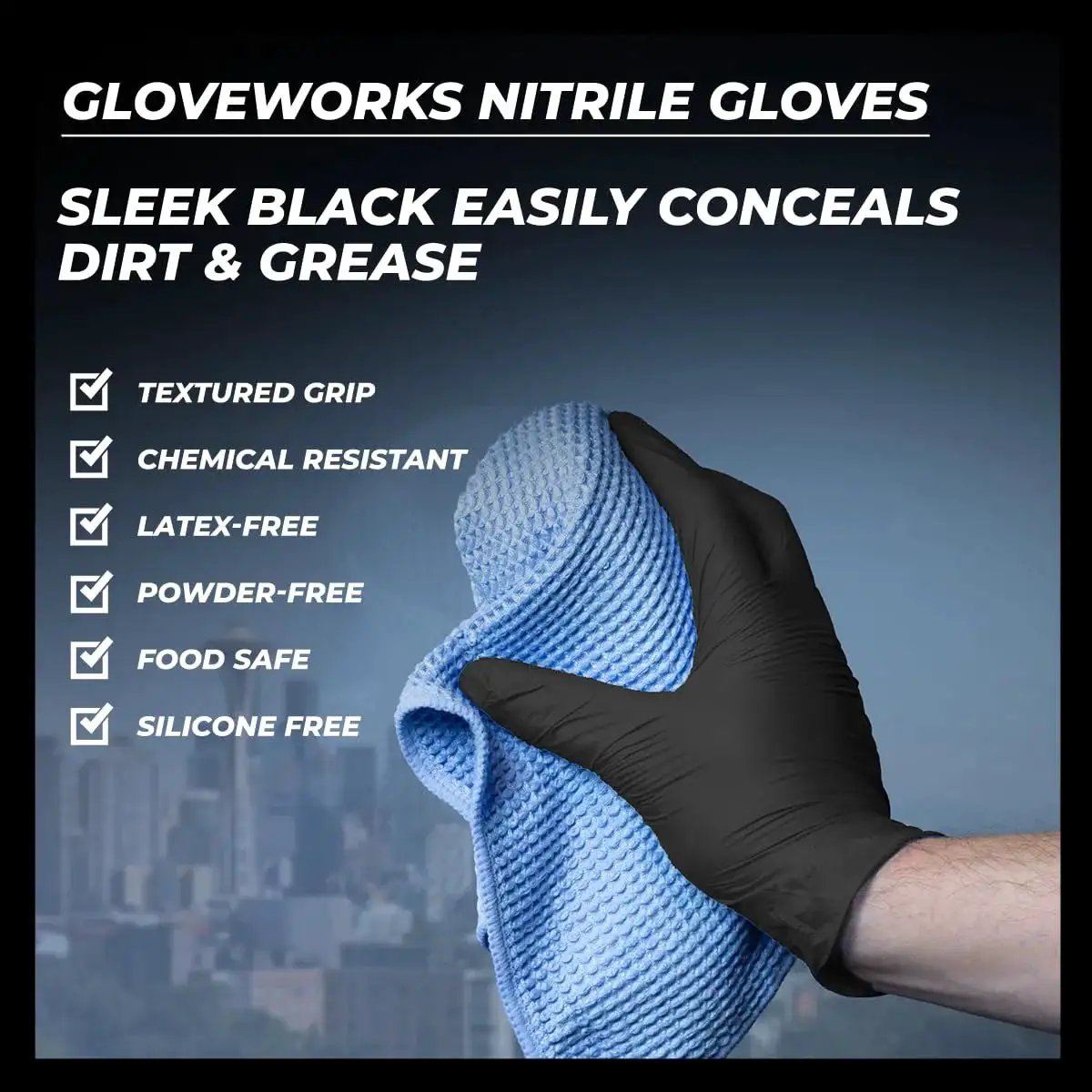 Hand in Black Nitrile Gloves 5 Mil For Food Prep Cooking Disposable Large 3 Boxes holding a blue cleaning cloth