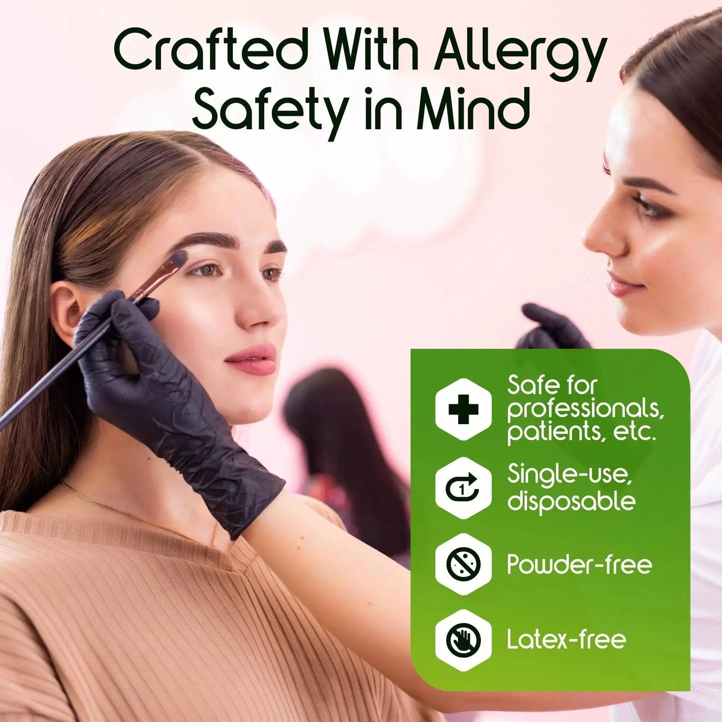 Beautician applying makeup wearing Heavy Duty 6 Mil Black Nitrile Gloves Latex Free For Food Industry And Mechanics