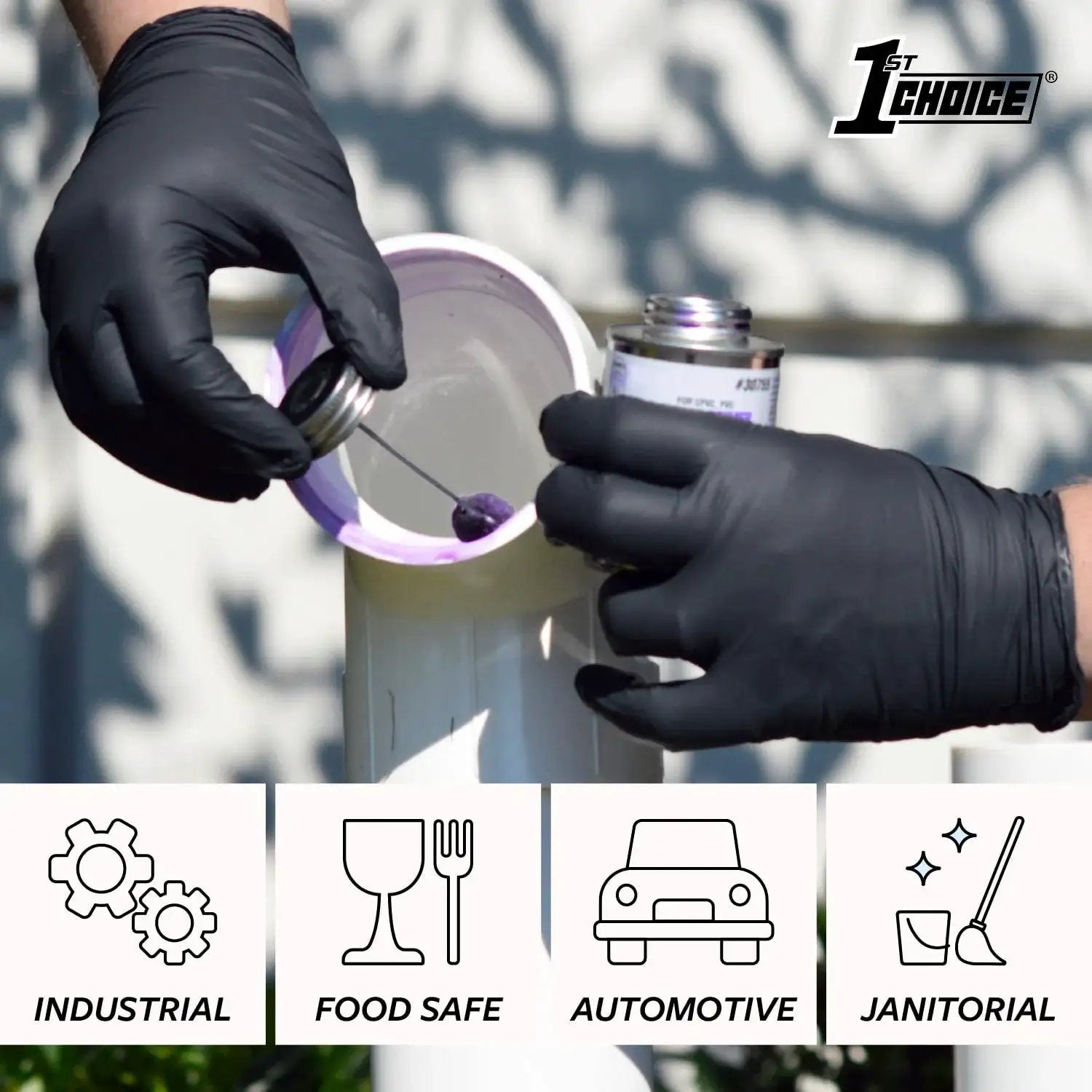 Person wearing Black Nitrile Gloves 6 Mil Latex Free Powder Free Mechanics Automotive XL while working with pipe sealant