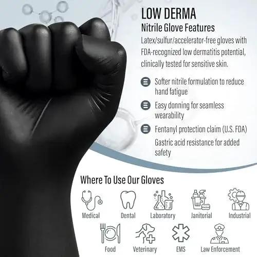 Black Nitrile Gloves 7 Mil Duty Powder Free Latex Free Puncture Resistant Large with glove features and usage icons