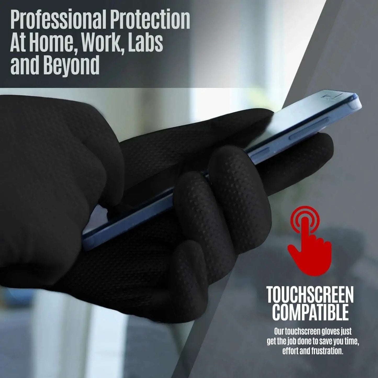 8 Mil Powder Free Nitrile Diamond Textured Gloves Heavy Duty XL 100 Pack in use while operating a smartphone, showcasing its touchscreen compatibility.