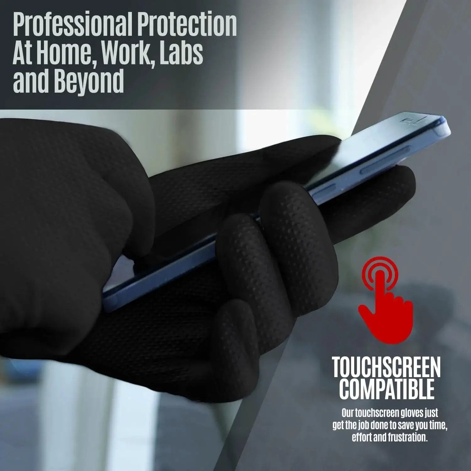8 Mil Powder Free Nitrile Diamond Textured Gloves Heavy Duty XL 100 Pack in use while operating a smartphone, showcasing its touchscreen compatibility.