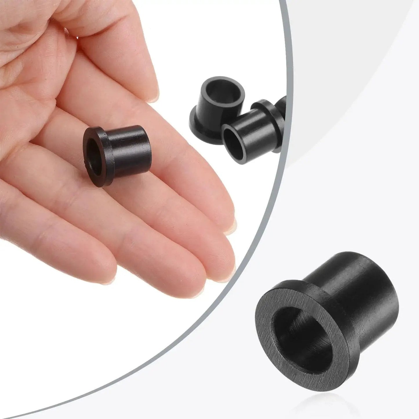 Hand holding black Durable Nylon Flanged Sleeve Bearings Set 12 Pack Self Lubricating Plastic Bushings, compact and lightweight
