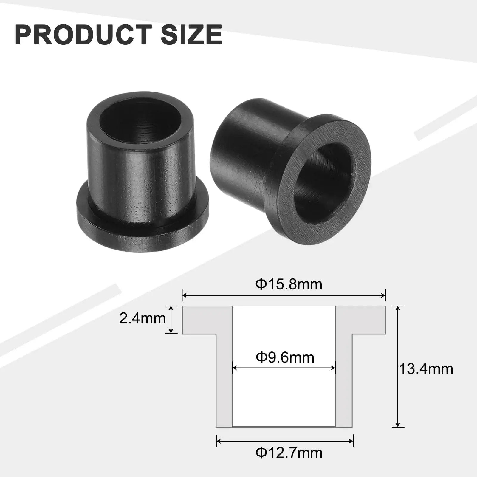 Durable Nylon Flanged Sleeve Bearings Set 12 Pack Self Lubricating Plastic Bushings with product dimensions shown