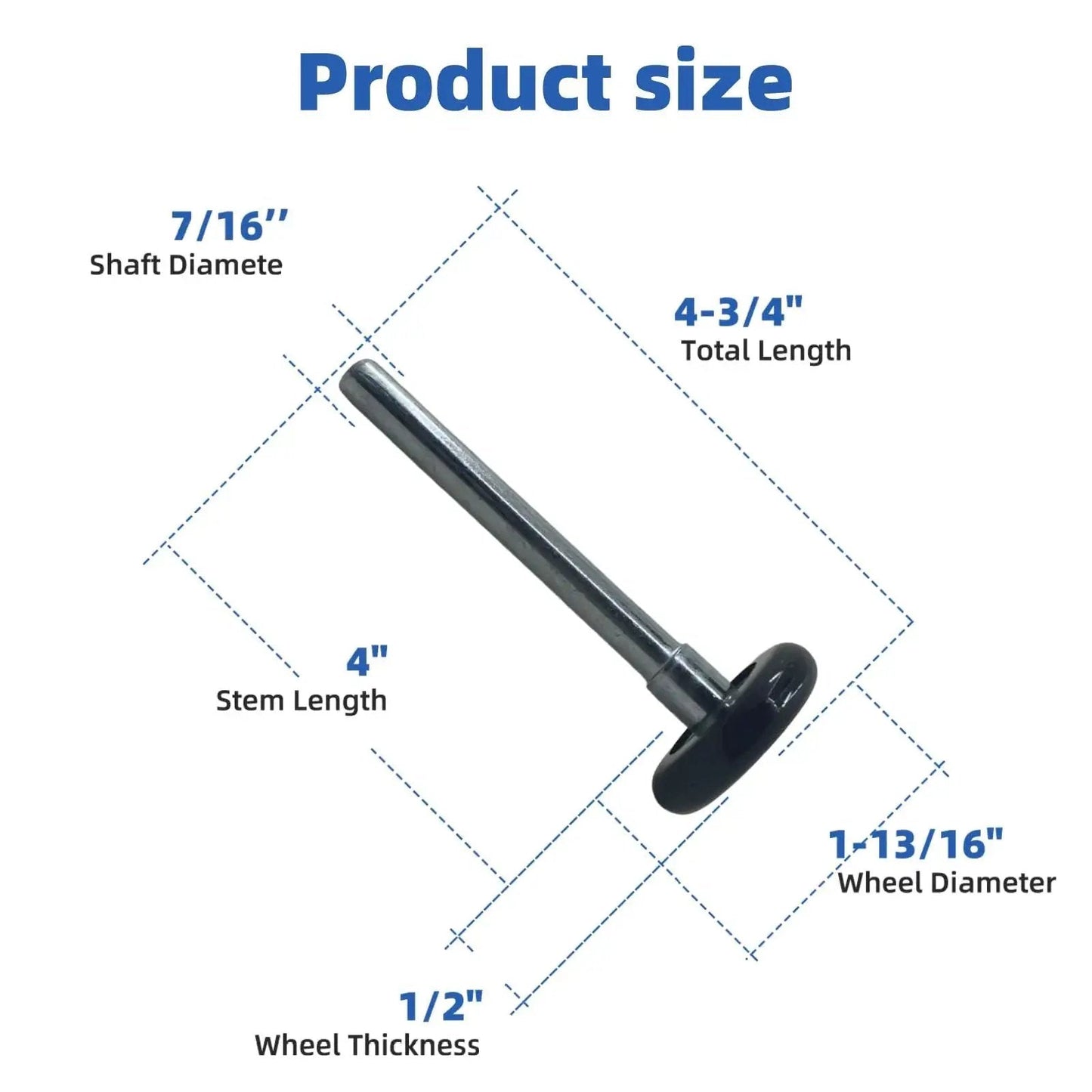Product size diagram of 10 Pack Black Nylon Garage Door Rollers With 2 Inch Wheels And 4 Inch Rods Quiet Durable Featuring 6200ZZ Bearings