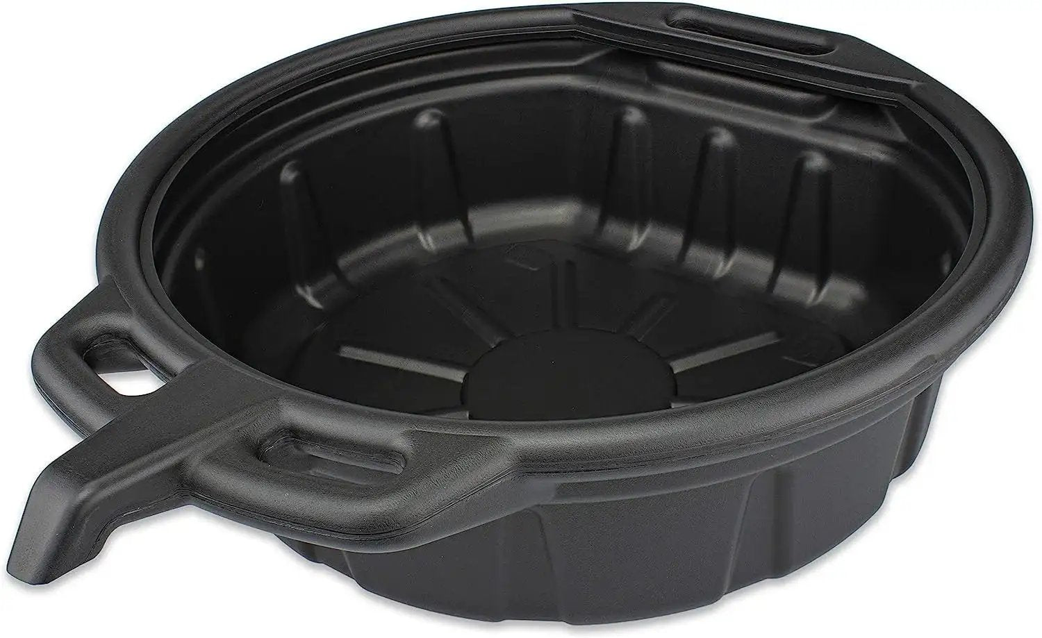Oil Drain Pan 2 Gallon Capacity Black Plastic Anti Splash Lip Drip Catcher For Motor Oil Gasoline And Antifreeze Durable Recyclable Polyethylene Tray With Anti Splash Curled Edge For Easy Spill Prevention shown from top angle