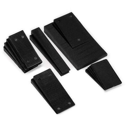 16 Pack Multiple Size Slopes Black Plastic Composite Shims Leveling Wedges For Furniture Displayed on White Surface