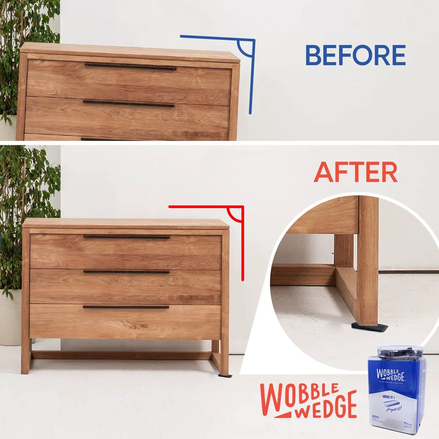 Comparison of a wooden dresser before and after using Rigid Plastic Shims For Leveling 300 Pack Made In USA Black Wobble Wedges.