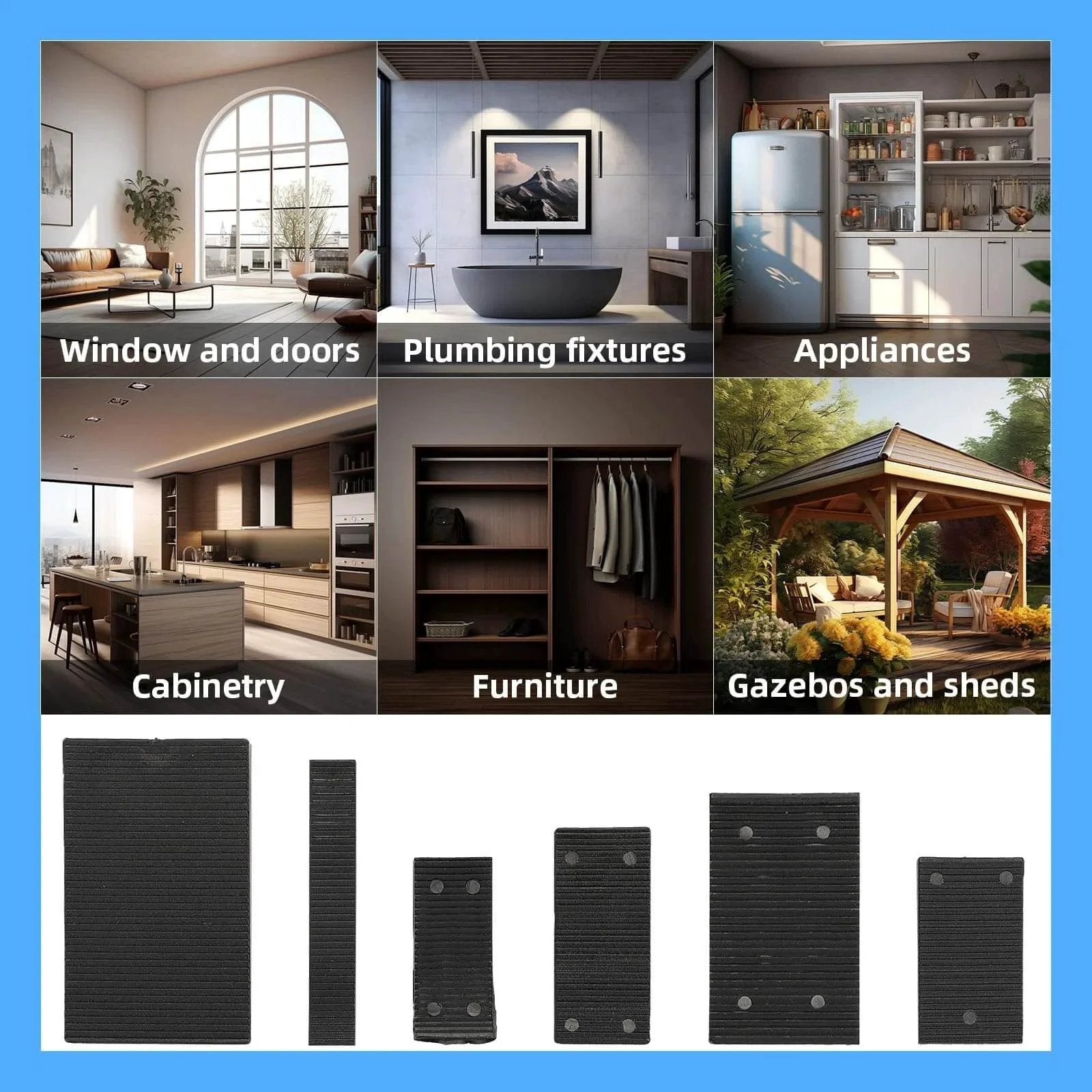Various uses of 16 Pack Multiple Size Slopes Black Plastic Composite Shims Leveling Wedges in home settings with image of shims.