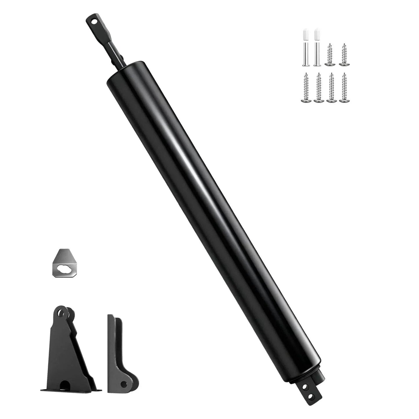Storm Door Closer, Heavy Duty Pneumatic Screen Door Closer with adjustable closing speed, shown with installation hardware.