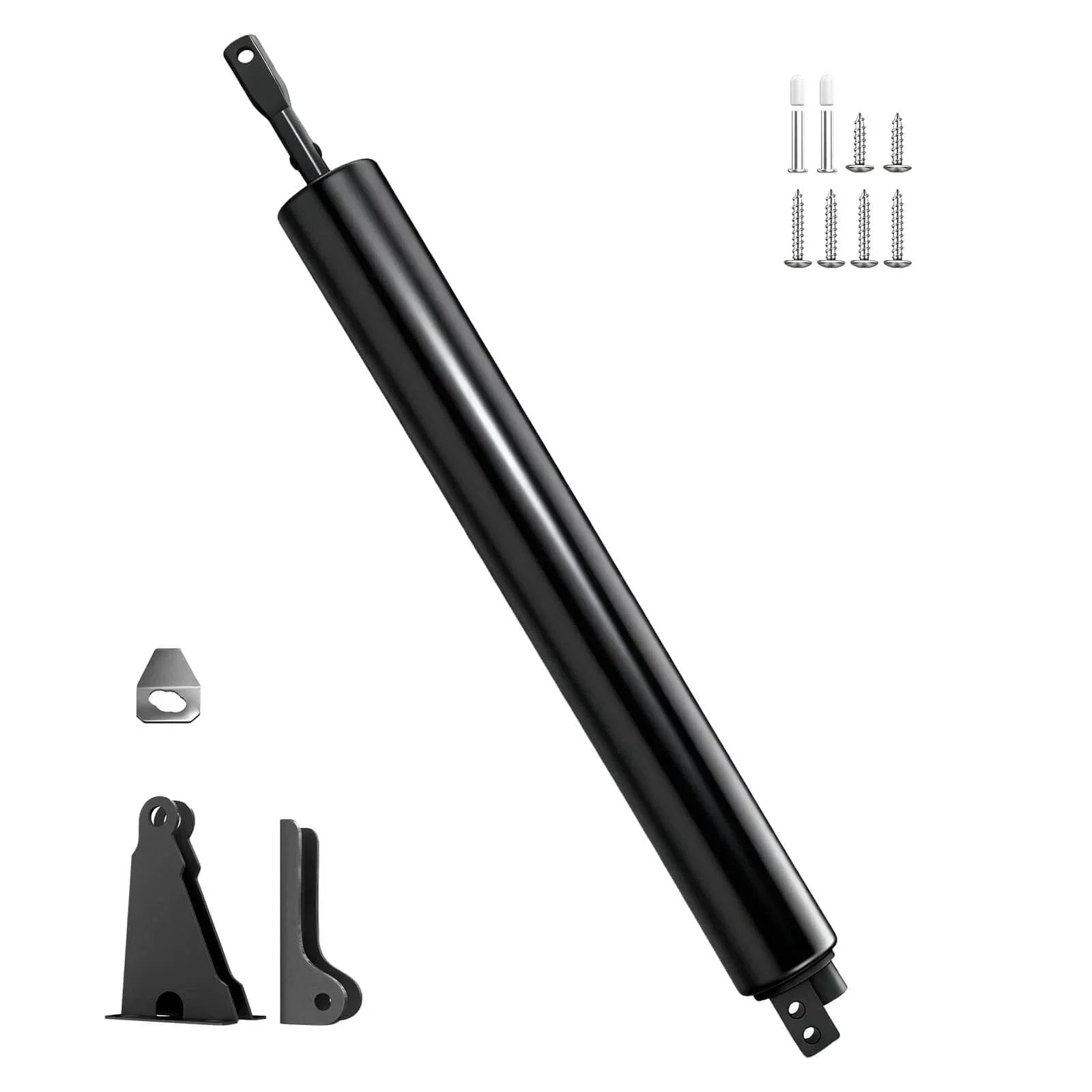 Storm Door Closer, Heavy Duty Pneumatic Screen Door Closer with adjustable closing speed, shown with installation hardware.