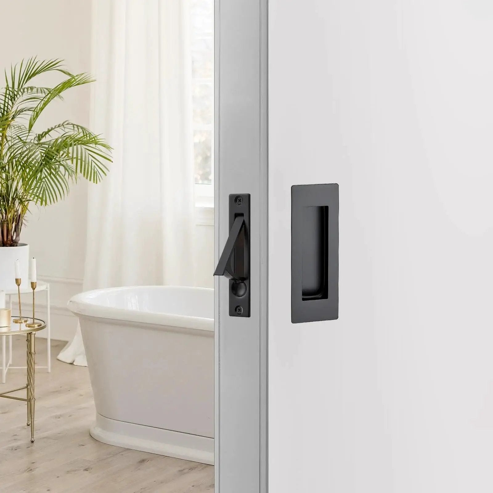 2 Pack 4.72 Inch Pocket Door Handles With 1 Edge Pull Black Recessed Flush in modern bathroom setting