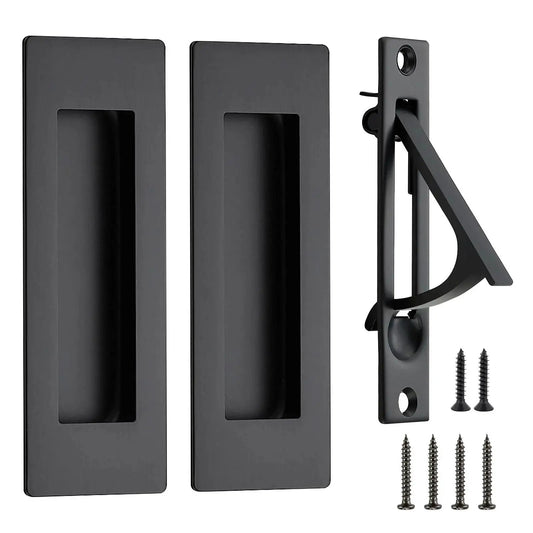 2 Pack 4.72 Inch Pocket Door Handles With 1 Edge Pull Black Recessed Flush Rectangular Stainless Steel Hardware Set