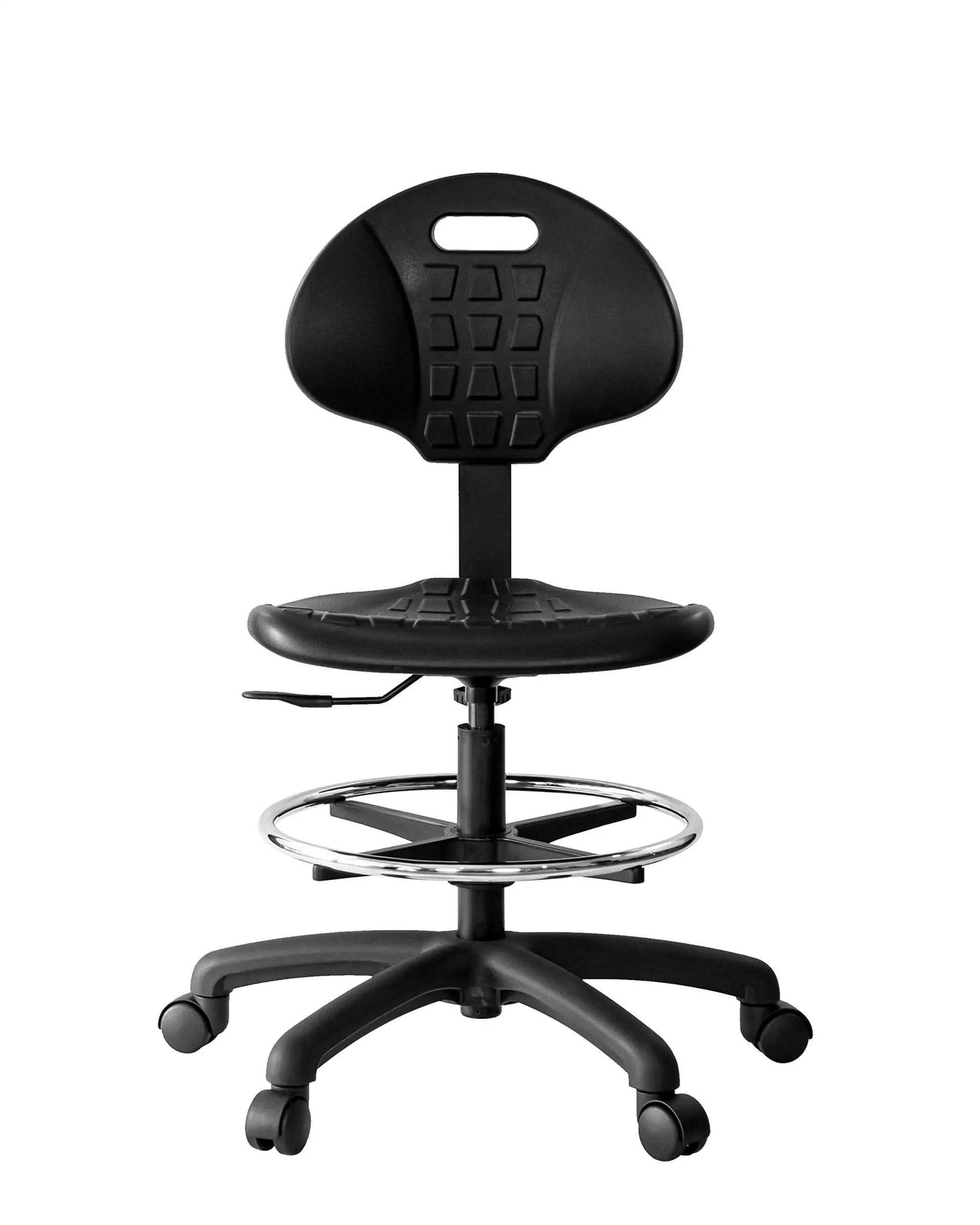 Front view of Boss Bench Height Ergonomic Chair Stool with easy to clean polyurethane seat, height adjustable from 18 to 26 inches.