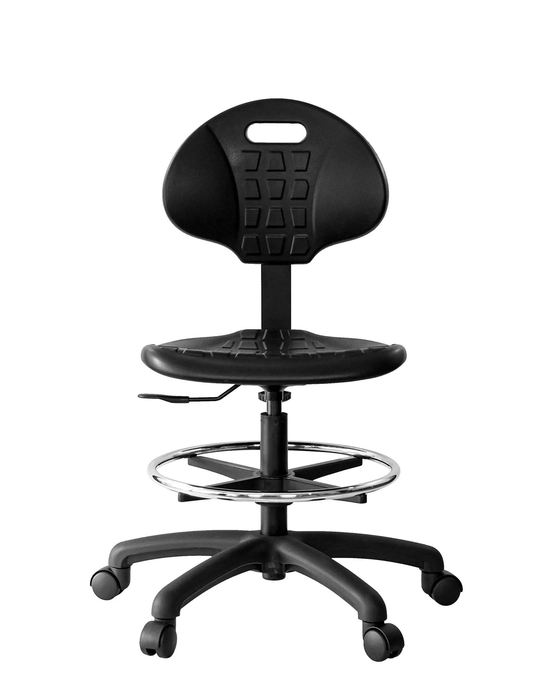 Front view of Boss Bench Height Ergonomic Chair Stool with easy to clean polyurethane seat, height adjustable from 18 to 26 inches.