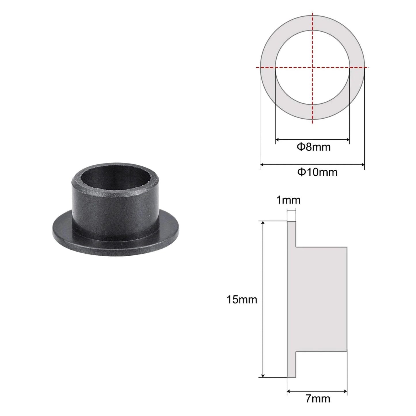 Flanged Sleeve Bearings 8mm Bore 10mm OD 7mm Length POM Self Lubricating Oilless Bushings Black 2 Pieces Flange Diameter 15mm