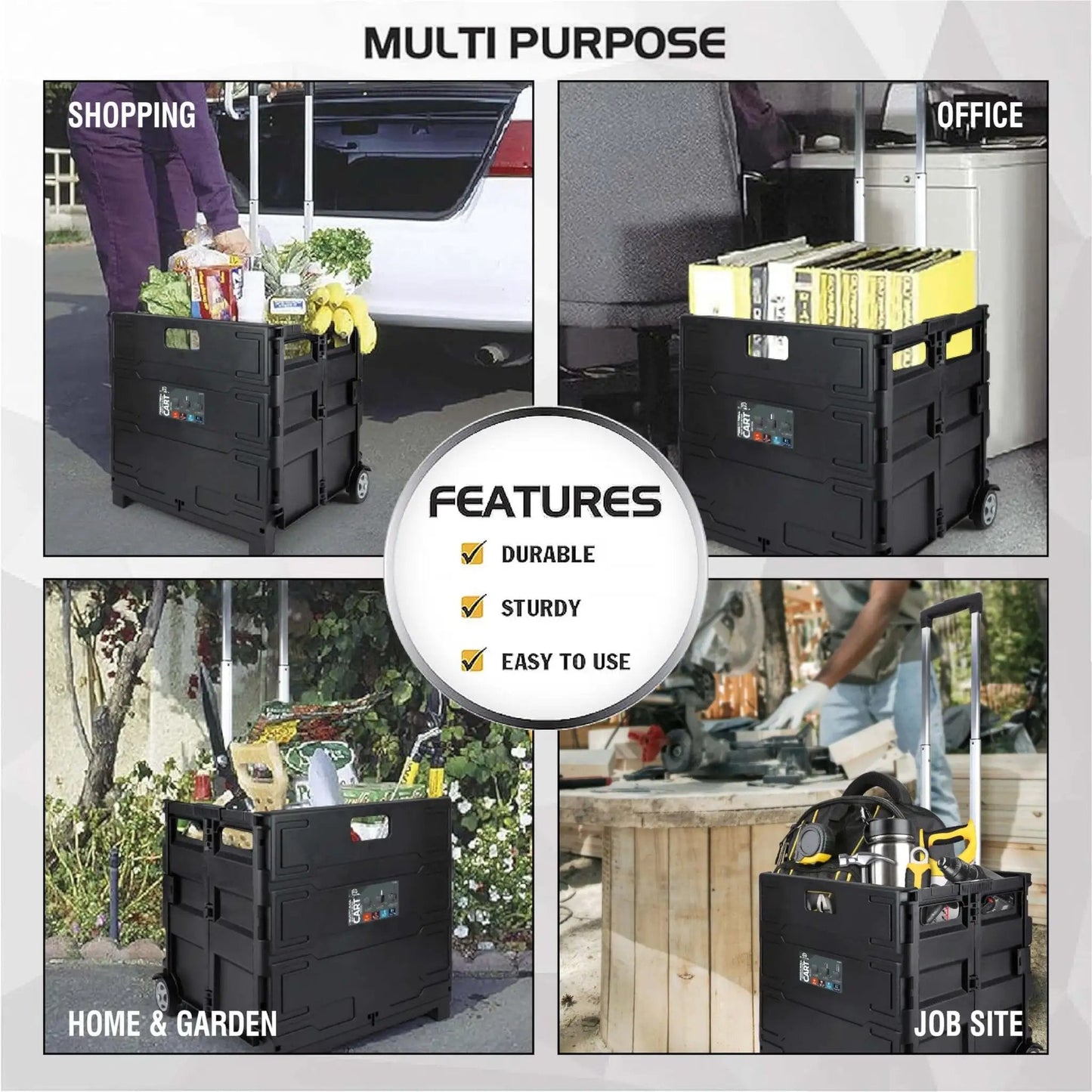 Collage showing Grand Pack-N-Roll Portable Tools Carrier with telescopic handle in various settings: shopping, office, home, job site.