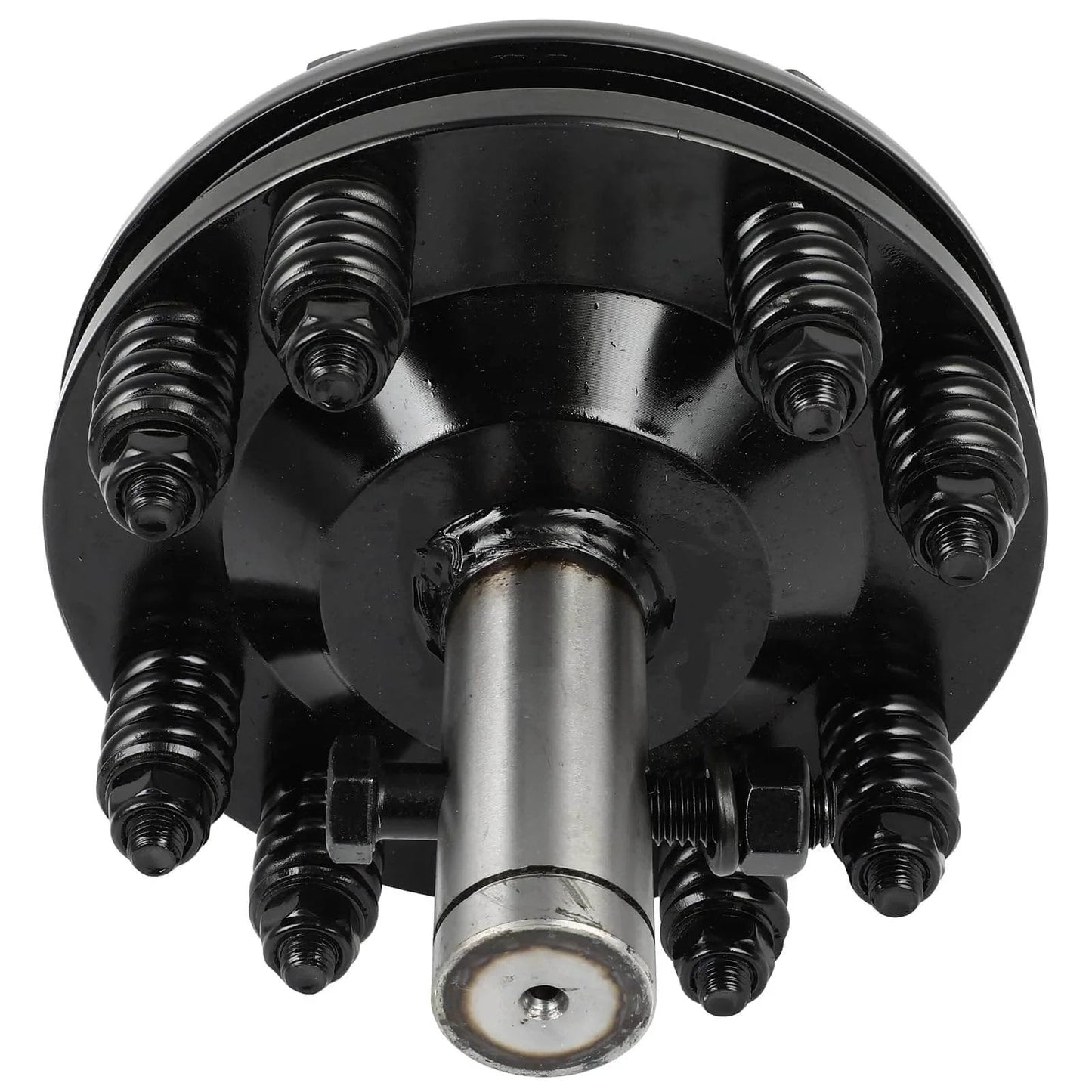 Front view of Black PTO Slip Clutch, ACZCR 1-3/8" Smooth Round Ends Slip Clutch with springs and metal shaft.