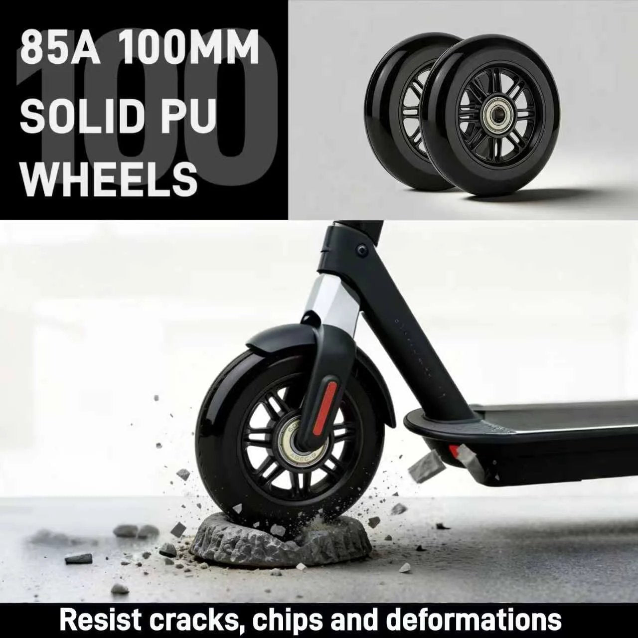 Pro Kick Scooter Replacement Wheels 100mm Pair installed on a scooter over rocky surface, showing high-speed smooth bearings, black color.