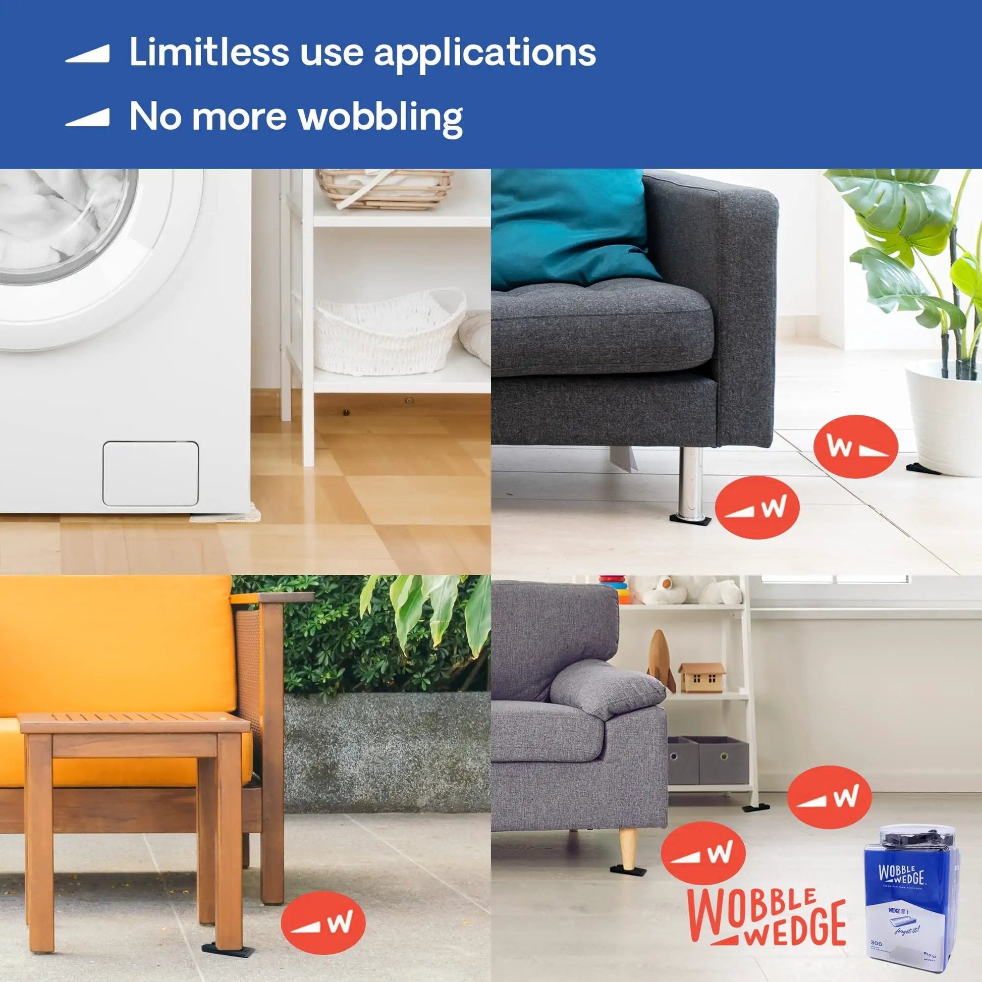 Rigsid Plastic Shims For Leveling 300 Pack Made In USA Black Wobble Wedges under furniture and appliances demonstrating stability.