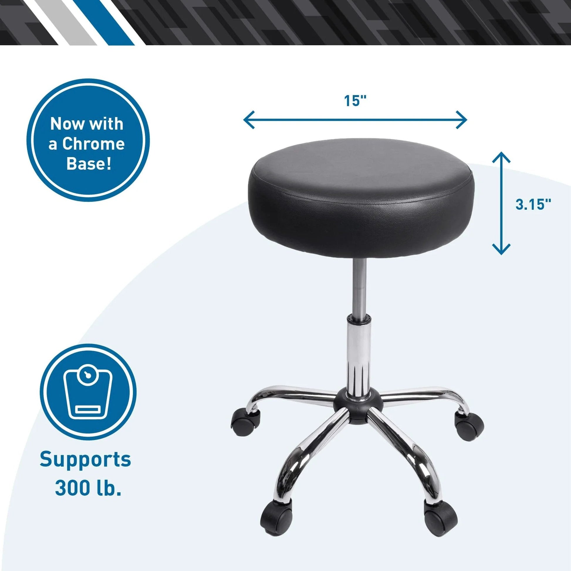 Rolling Exam Stool with Wheels, 18.5 to 25 Inch Height, Chrome Base, Black 15 Inch Seat, 5 Casters