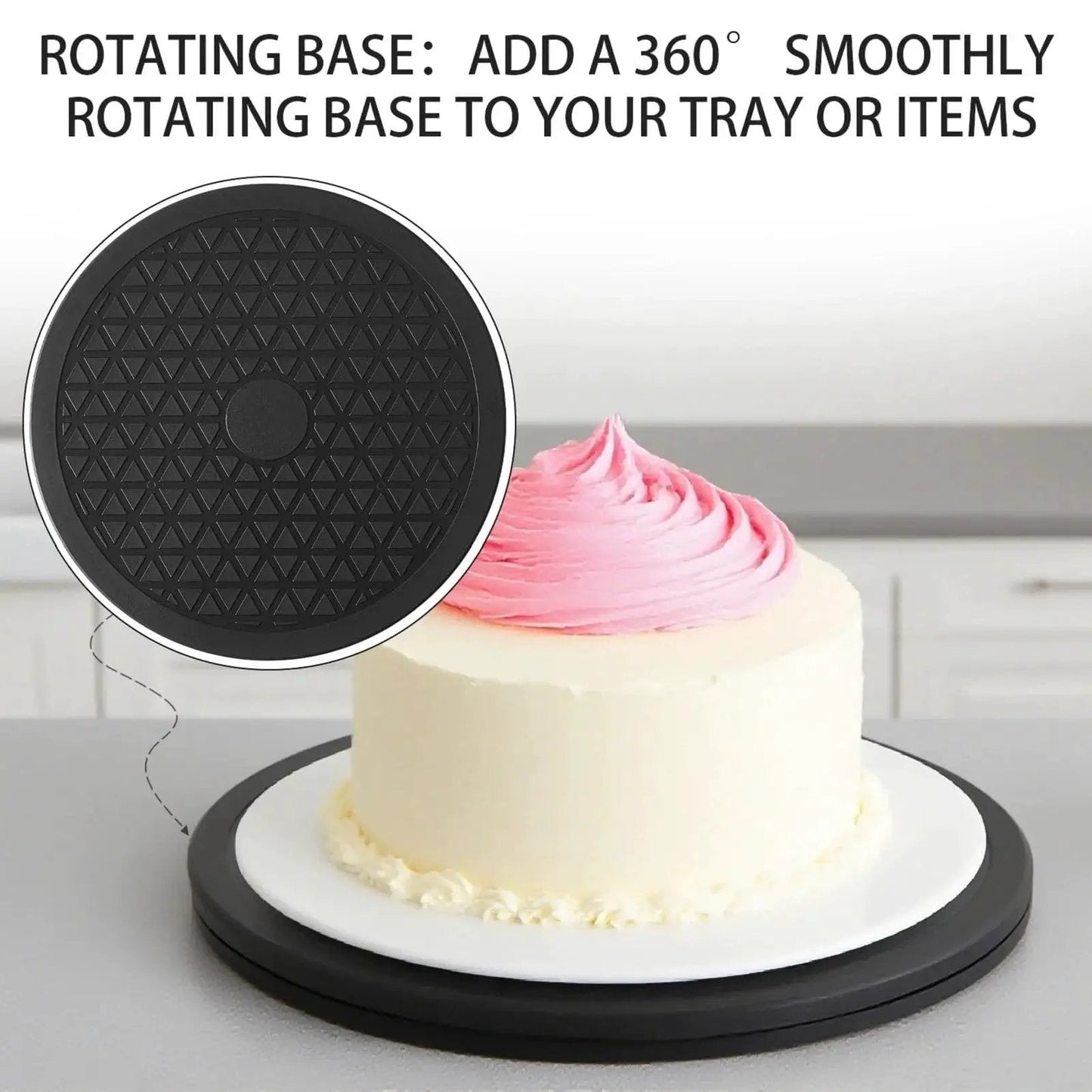 A cake on a Heavy Duty Rotating Swivel Stand With 8 Inch Lazy Susan Base displaying 360 degree turntable with non slip groove.