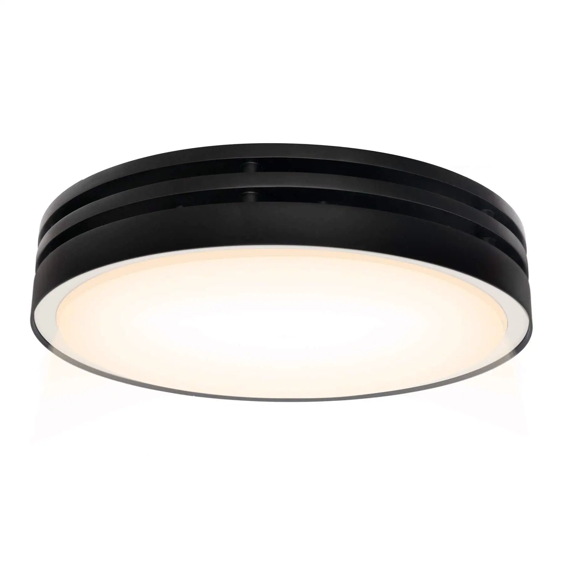 Front view of Powerful 110 CFM Bathroom Exhaust Fan With Light From Akicon, Ultra Quiet 2.0 Sones, Dimmable LED, round black vent