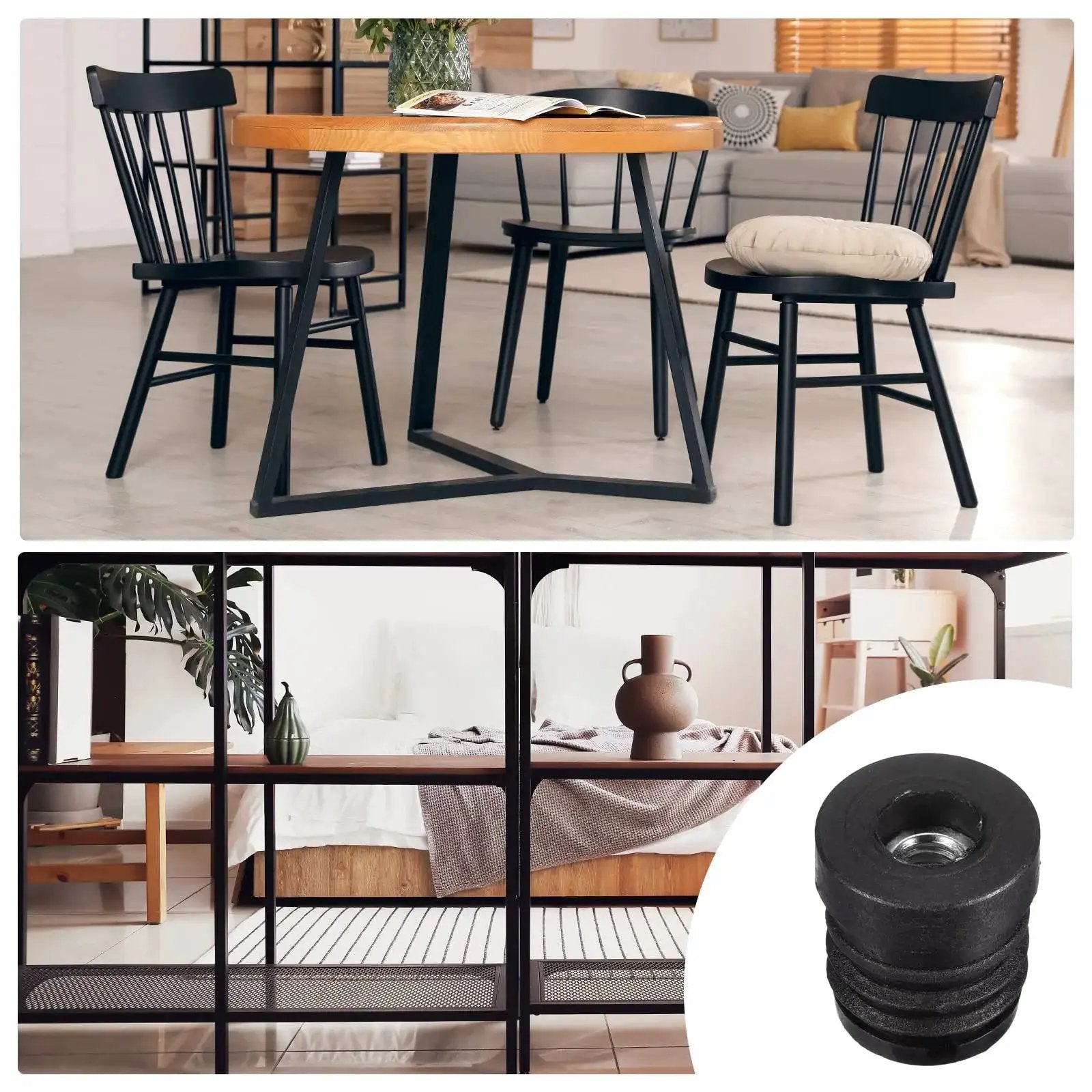 8 Pieces Round Tube Inserts With M6 Thread For 19mm Diameter, black plastic plug for furniture repair, shown beside modern room decor