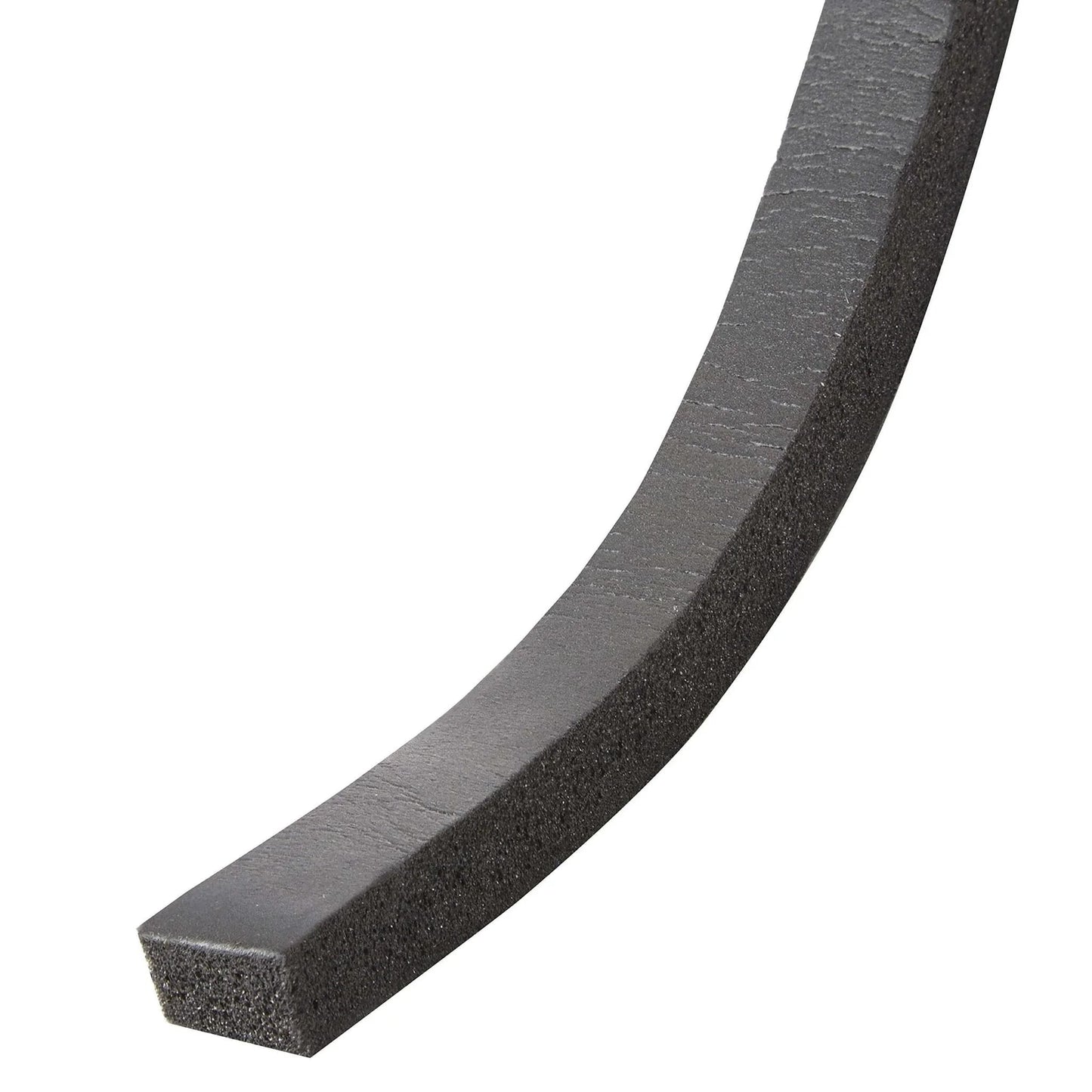 Close-up of black Self-Stick Rubber Foam Weatherseal, 3/8"W, 3/16"T, showing the texture and thickness of the product.