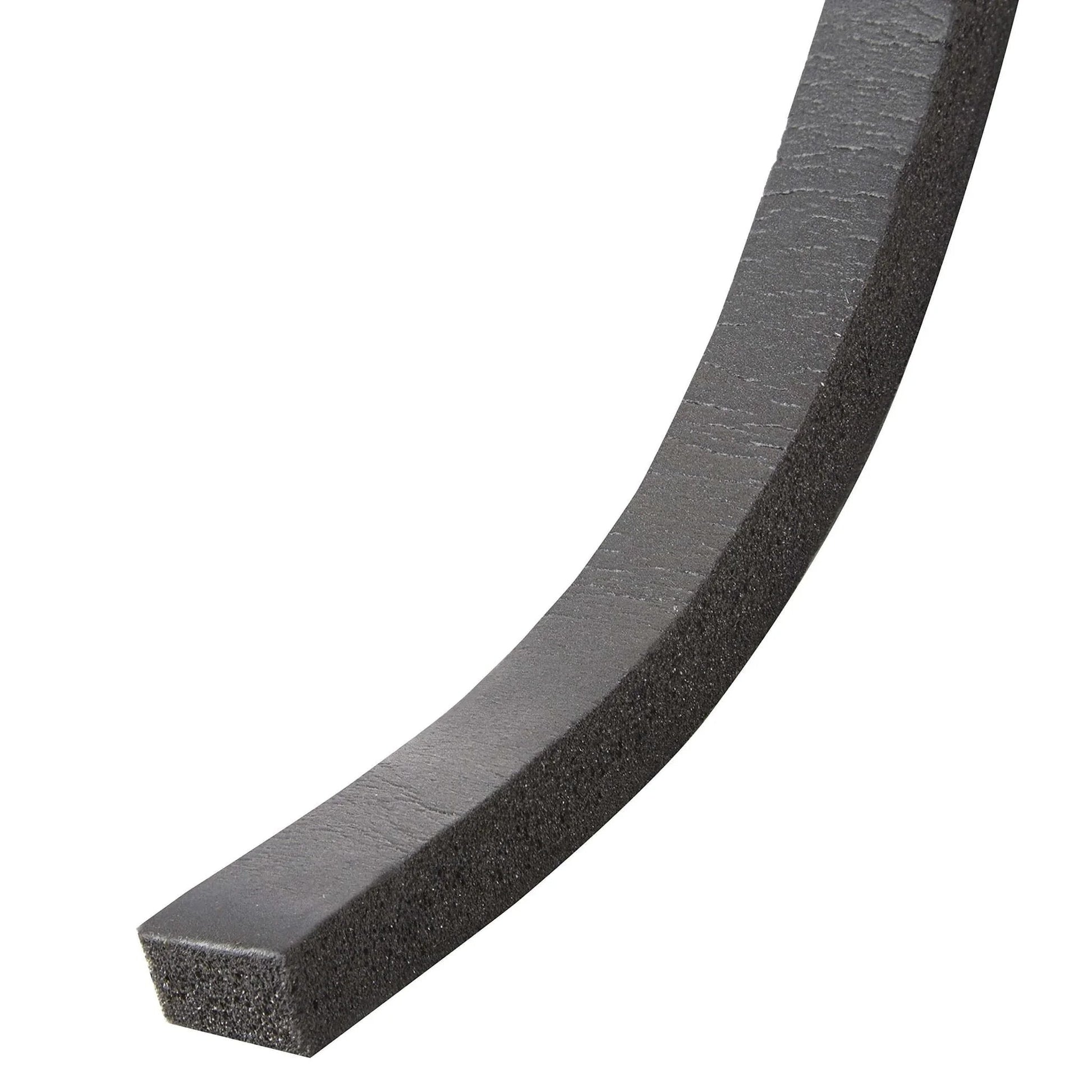 Close-up of black Self-Stick Rubber Foam Weatherseal, 3/8"W, 3/16"T, showing the texture and thickness of the product.