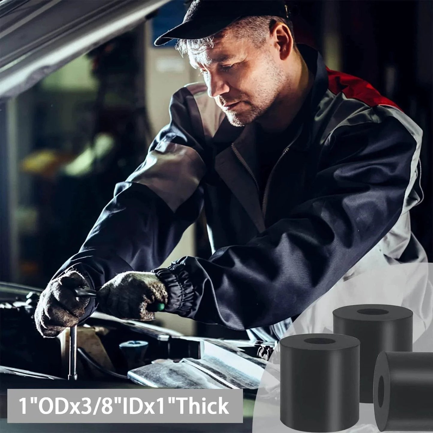 Mechanic using 12 Pcs Black Rubber Spacers 1 Inch Outer Diameter 3 Eighth Inch Inner Diameter 1 Inch Thick Rubber Bushings for shock absorption