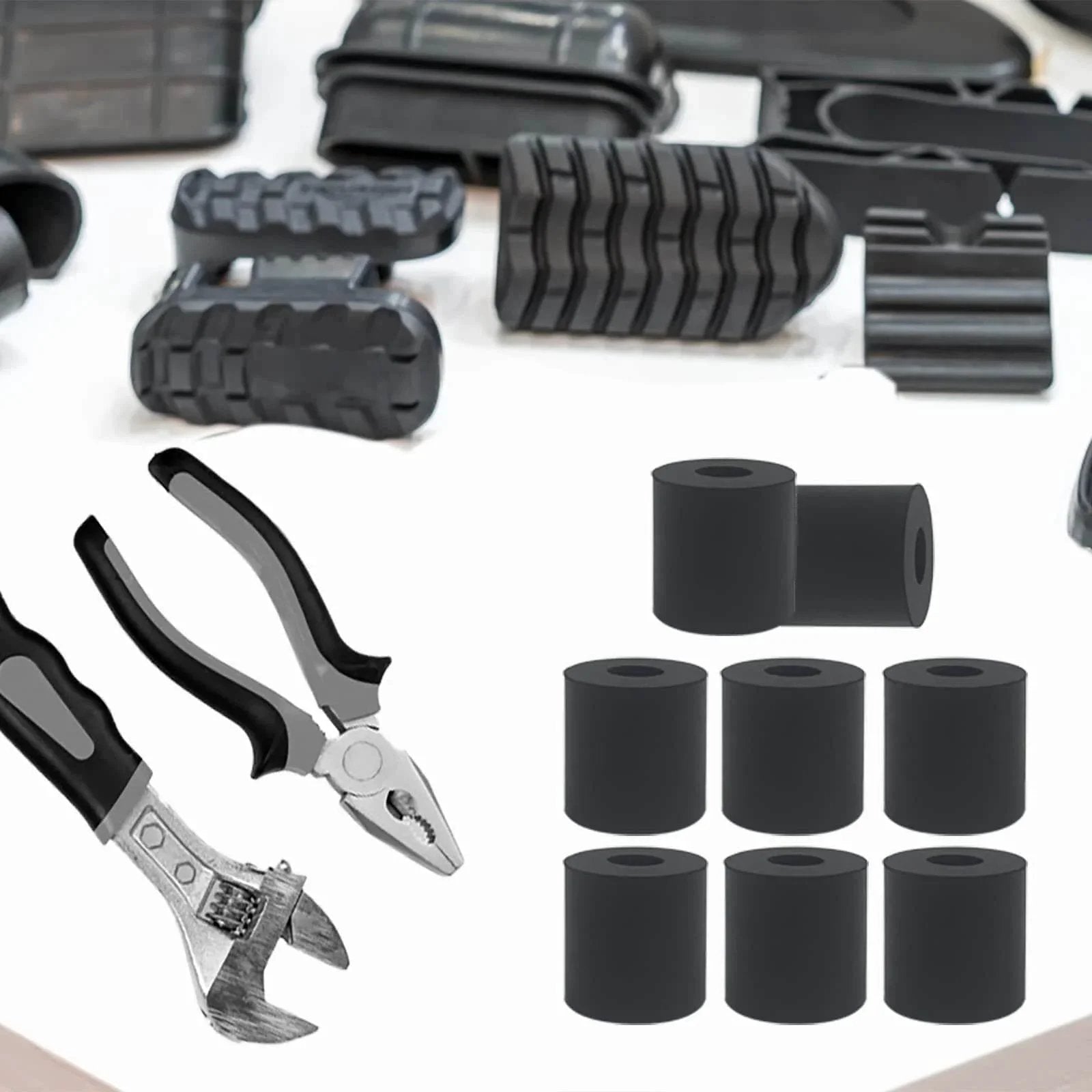 12 Pcs Black Rubber Spacers 1 Inch Outer Diameter 3 Eighth Inch Inner Diameter 1 Inch Thick Rubber Bushings displayed with tools
