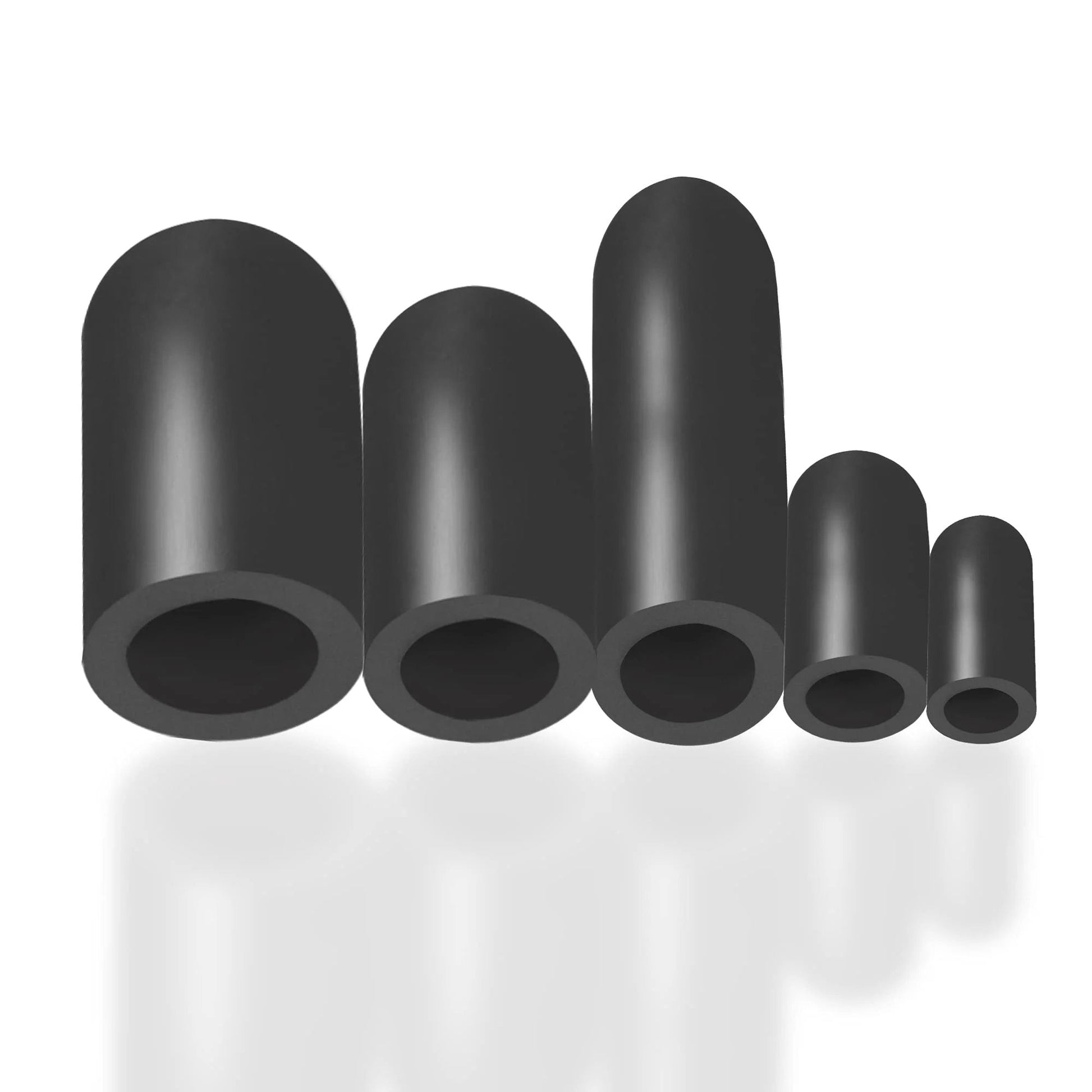 Close-up view of five black rubber vacuum hose caps from 80 Piece Pro Grade Vacuum Hose Cap Set, Six Sizes for automotive use.