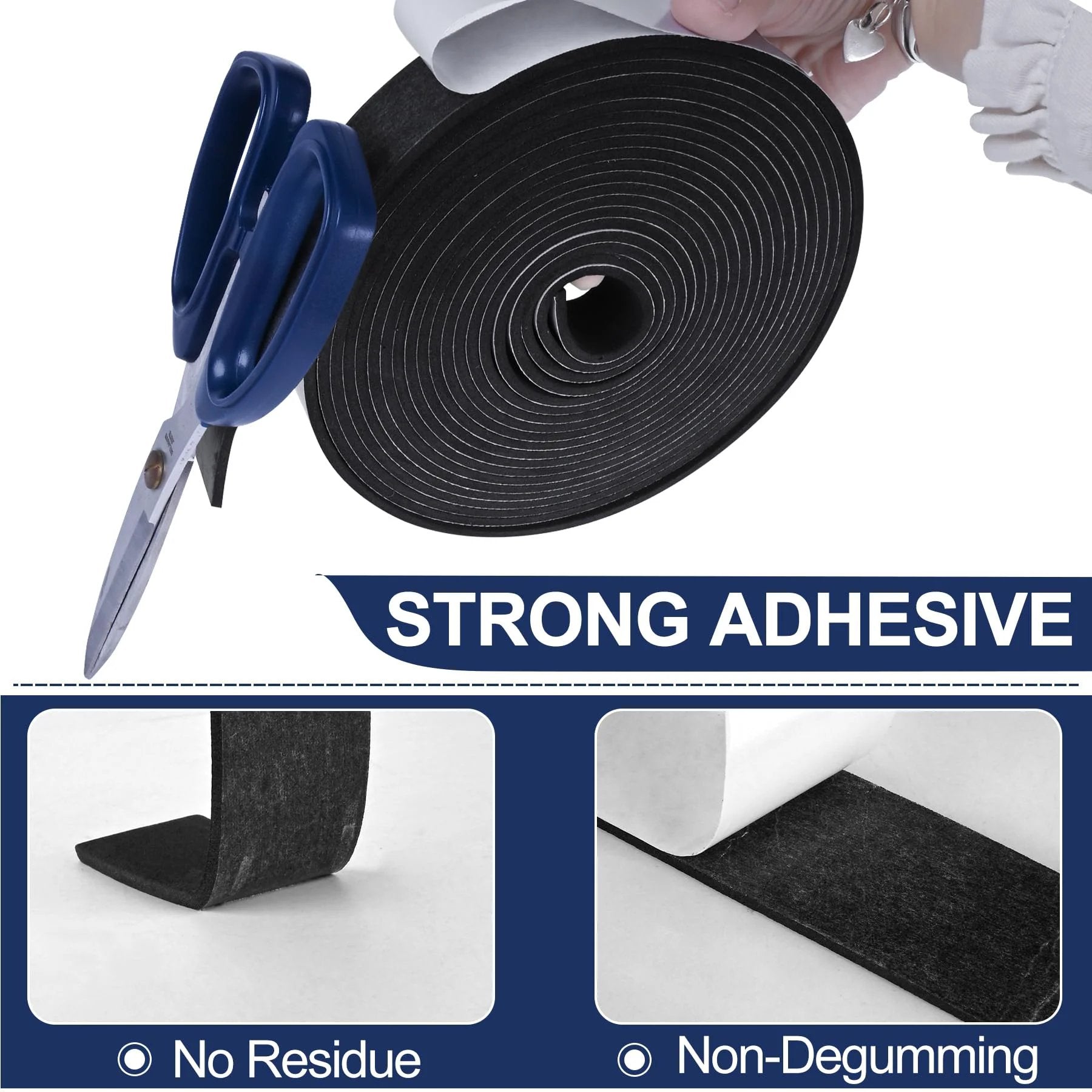 Two Rolls Thirty Three Point One Feet Self Adhesive Foam Weather Strips For Doors And Windows EVA High Density Seals That Compress For Tight Weatherproofing Soundproofing And Insulation Half Inch By Eighth Inch Black Weatherstrip shown with scissors.