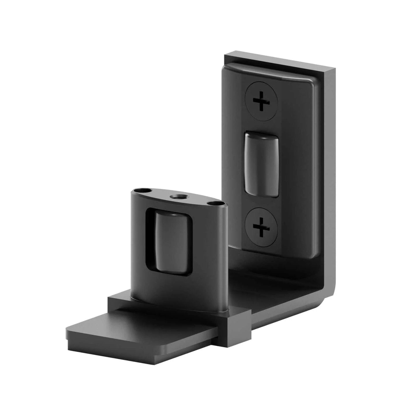 Sliding barn door bottom floor guide with adjustable U shape, flush wall mounted design, black finish, dual concealed pulleys visible