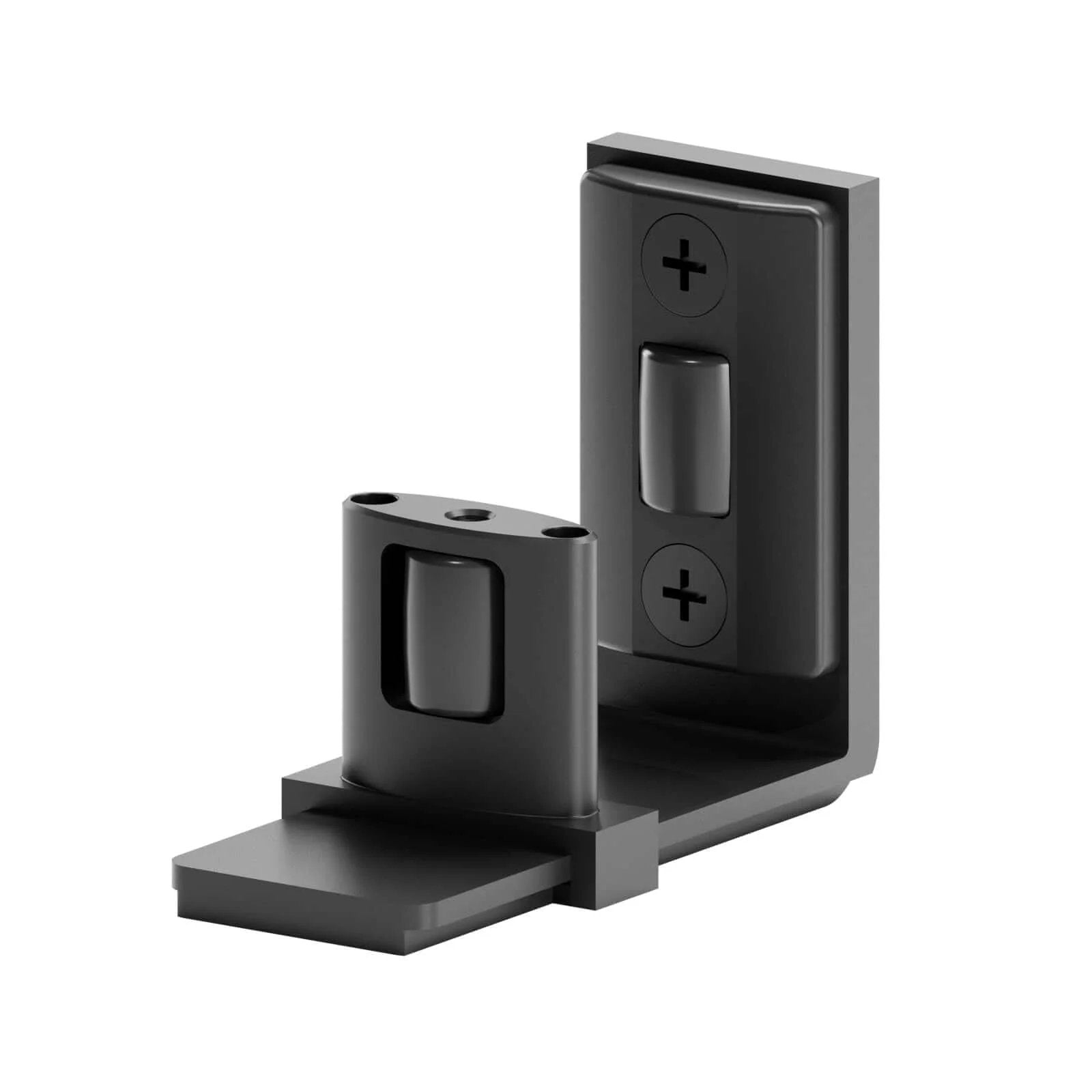 Sliding barn door bottom floor guide with adjustable U shape, flush wall mounted design, black finish, dual concealed pulleys visible