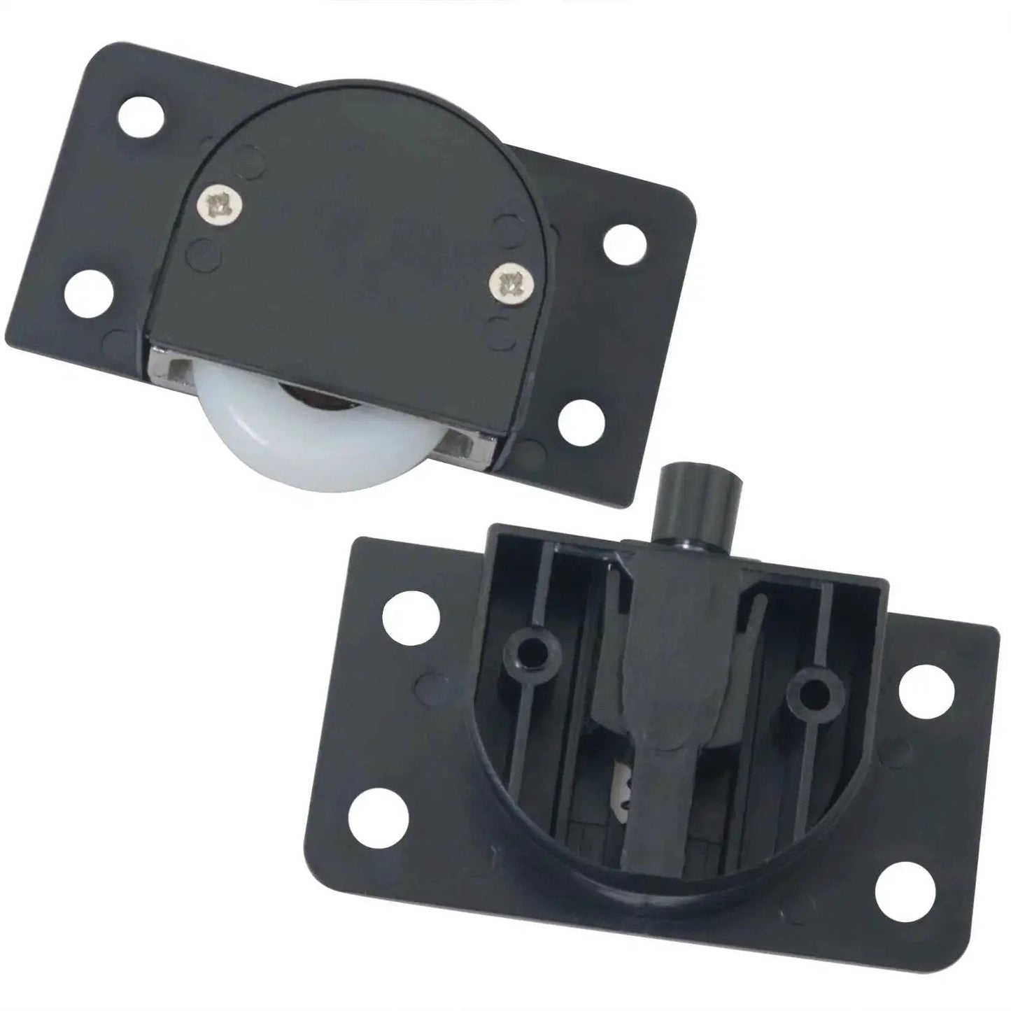 Black Wardrobe Sliding Door Wheel Kit With Screws Silent Nylon Rollers, 2 sets of pulleys and rails, shown front and back