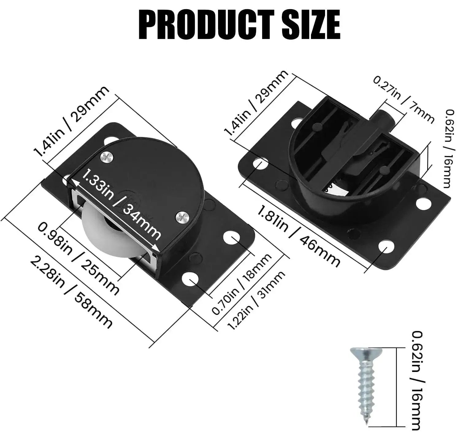 Black Wardrobe Sliding Door Wheel Kit with screws, includes 2 sets of pulleys and rails, shown with size measurements