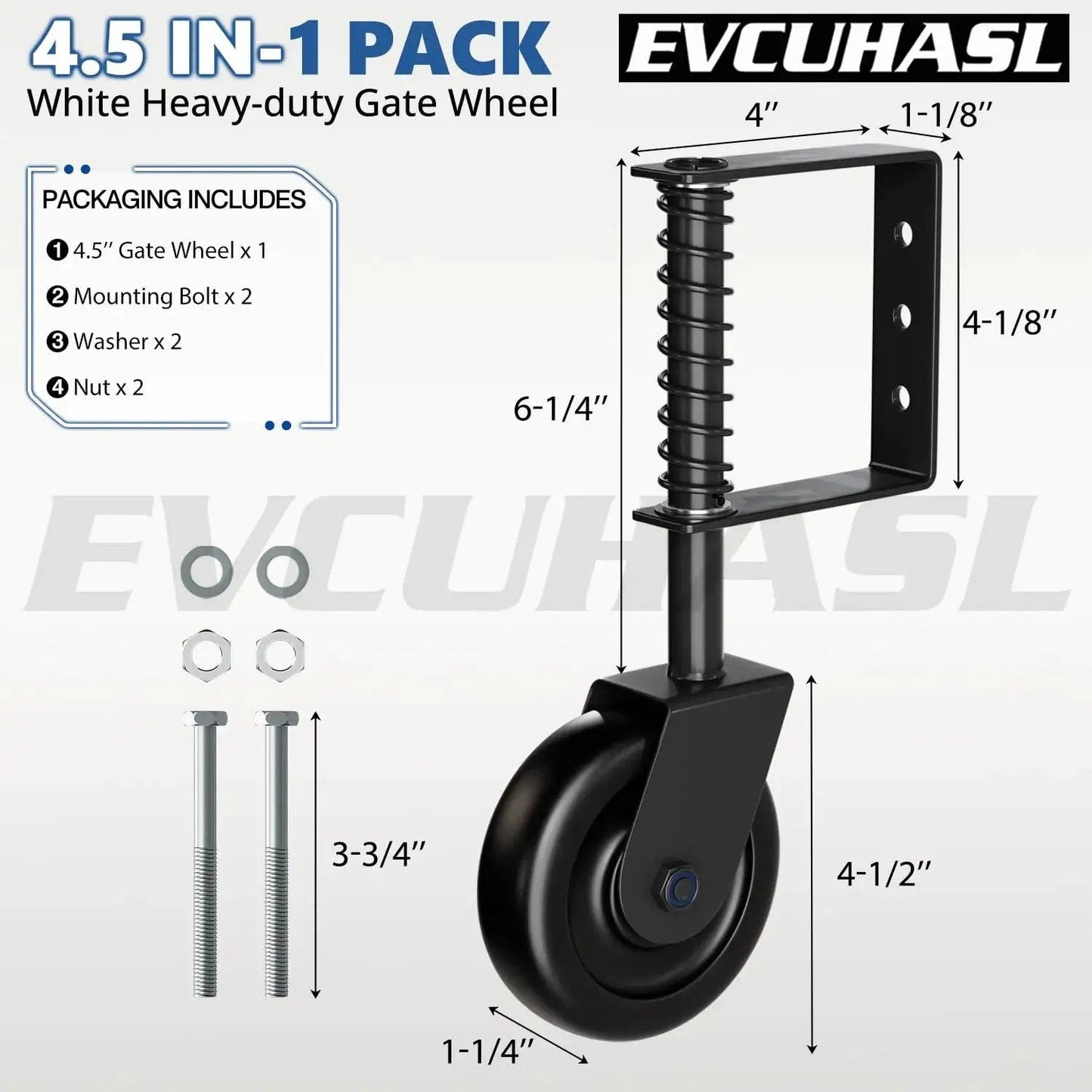 Spring Loaded Gate Caster Wheel With Bearing For Outdoor Gates And Fences Heavy Duty 360 Degree Swivel Gate Wheel Suitable For Wooden Gates Fence Gates And Metal Tube Gates 220 Lbs Capacity Black 1 Pack, shown with screws and washers.